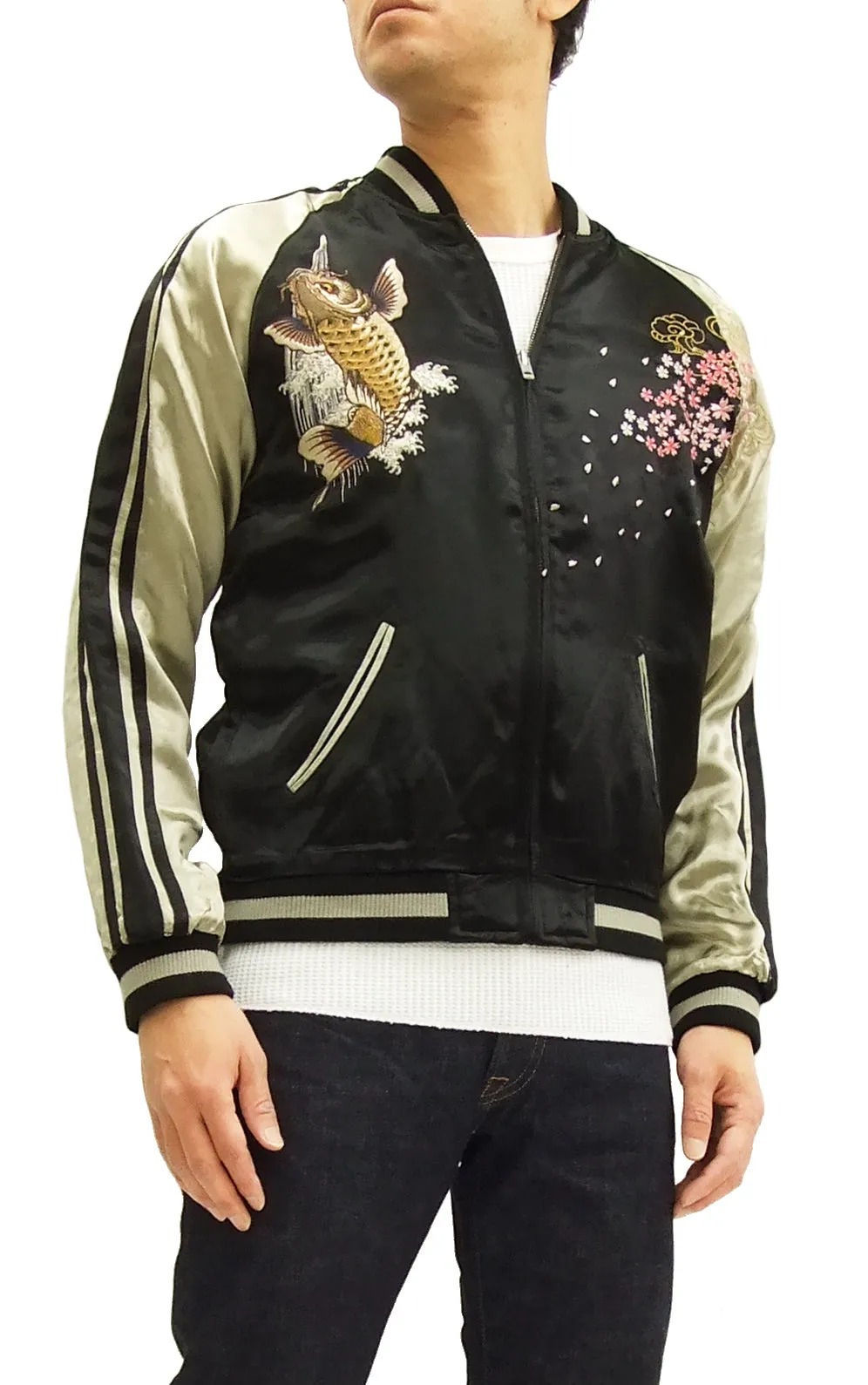 Satori Script Japanese Souvenir Jacket Koi Fish Carp Men's Sukajan GSJR-004 Black/Beige