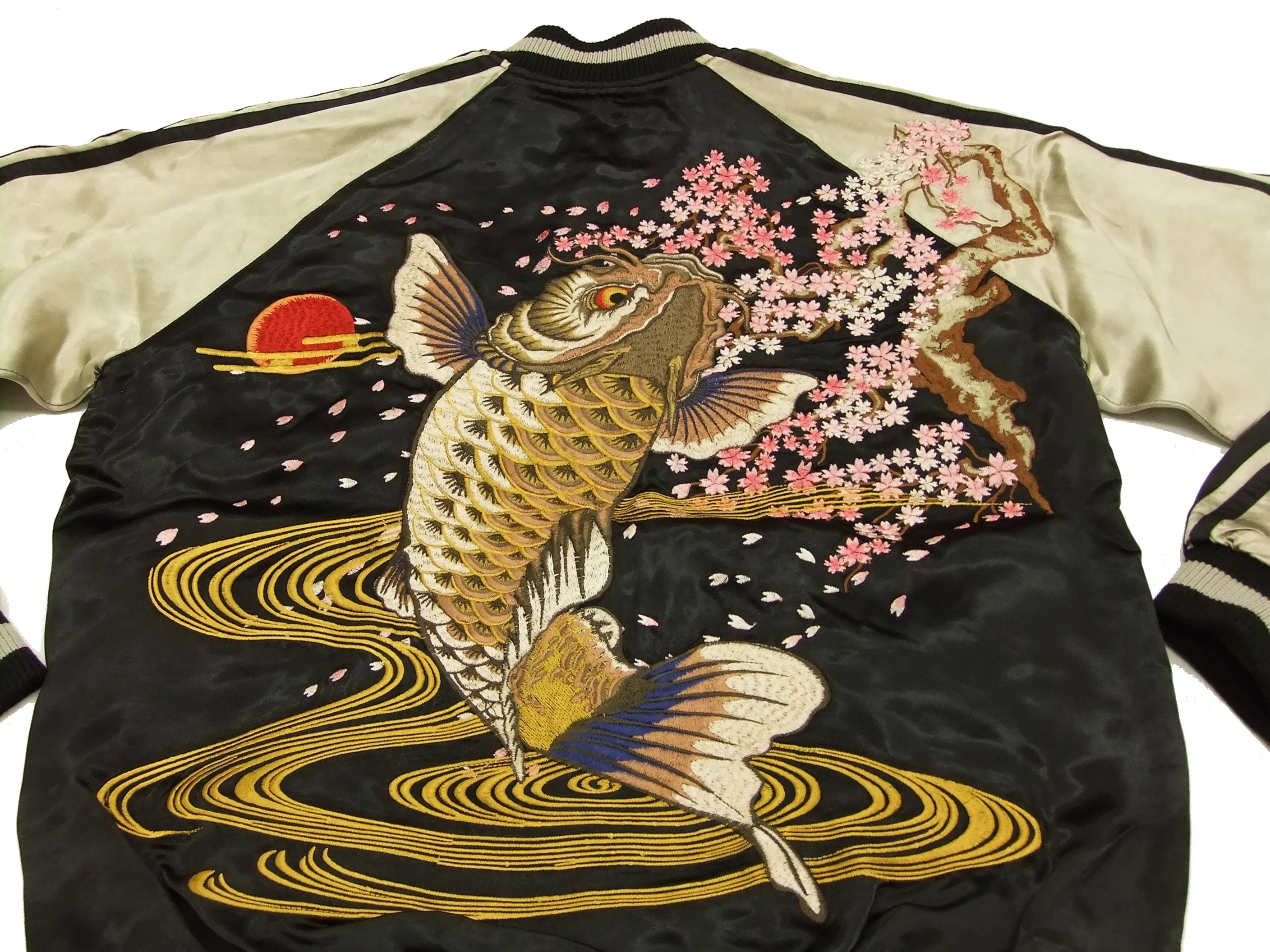 Satori Script Japanese Souvenir Jacket Koi Fish Carp Men's Sukajan GSJR-004 Black/Beige
