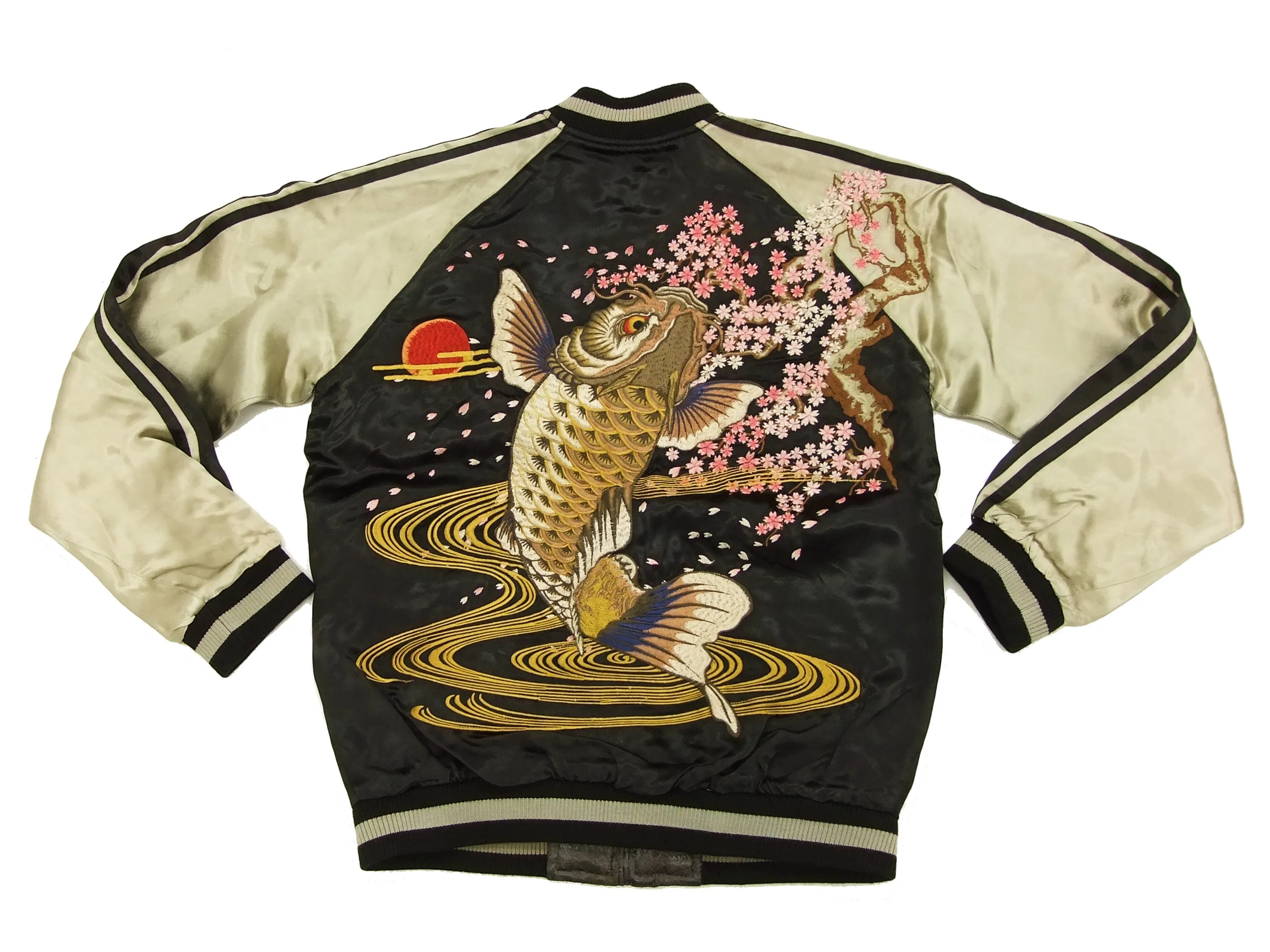 Satori Script Japanese Souvenir Jacket Koi Fish Carp Men's Sukajan GSJR-004 Black/Beige