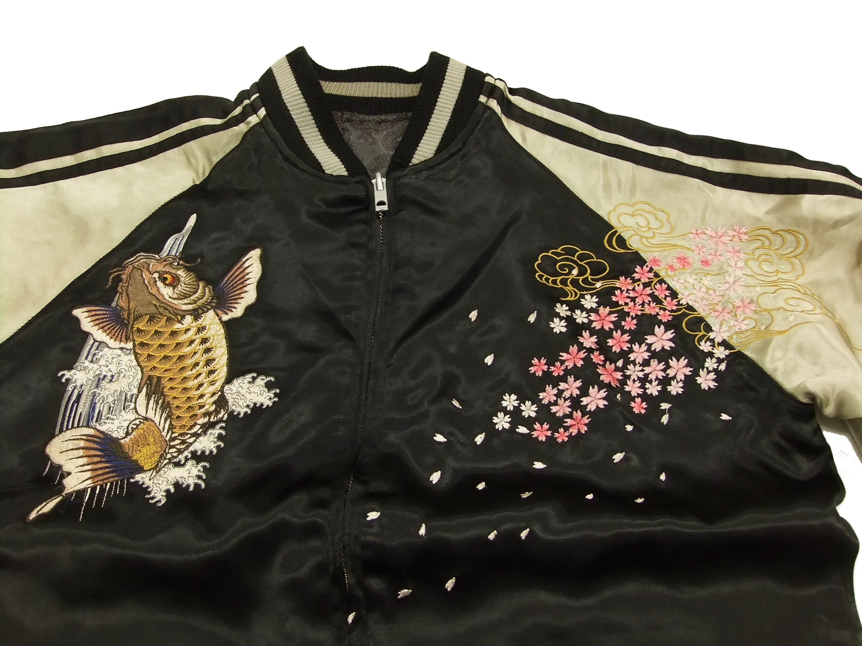 Satori Script Japanese Souvenir Jacket Koi Fish Carp Men's Sukajan GSJR-004 Black/Beige