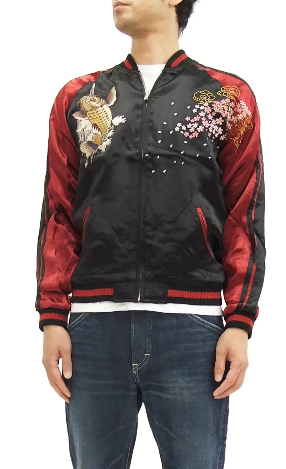 Satori Script Japanese Souvenir Jacket Koi Fish Carp Men's Sukajan GSJR-004 Black/Wine