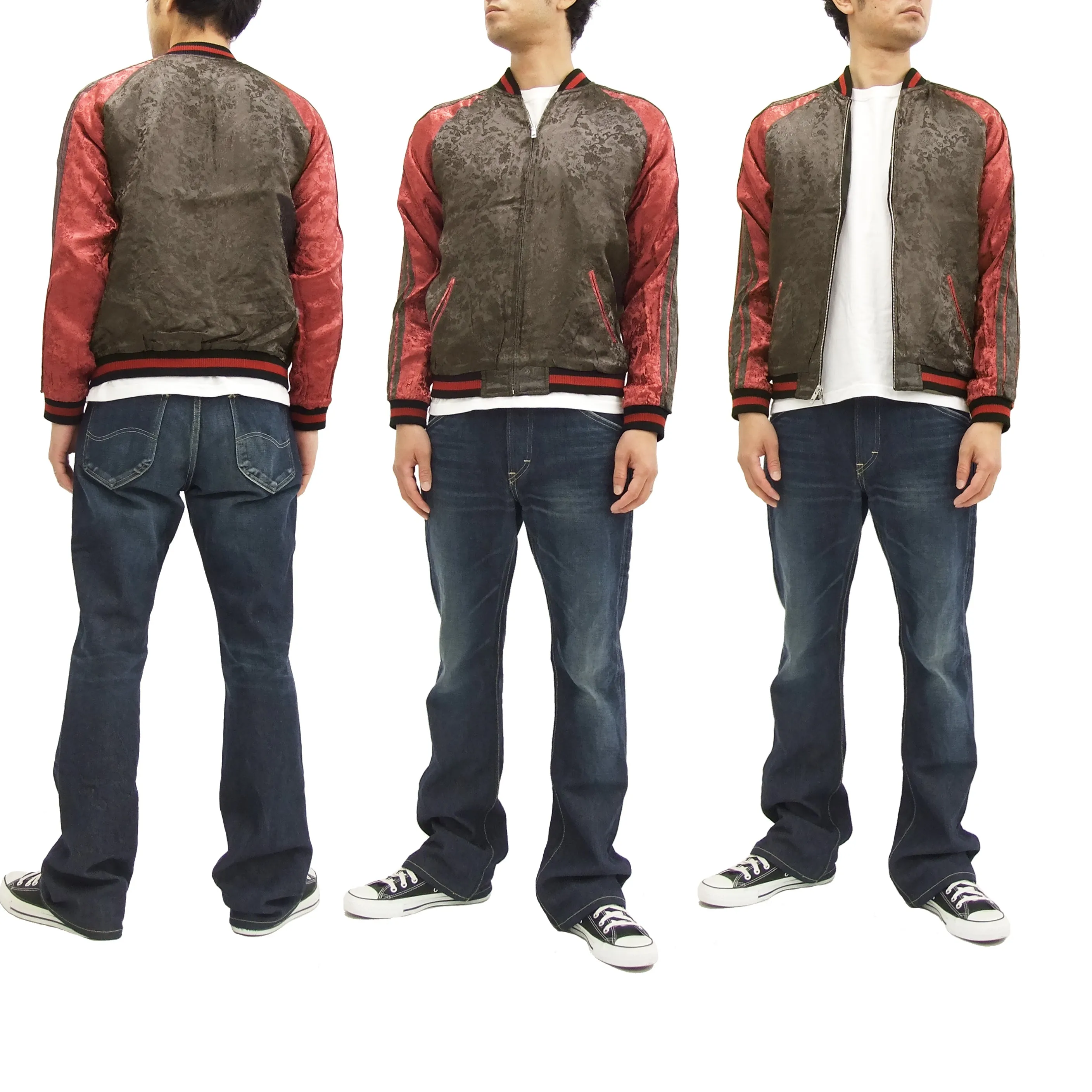 Satori Script Japanese Souvenir Jacket Koi Fish Carp Men's Sukajan GSJR-004 Black/Wine