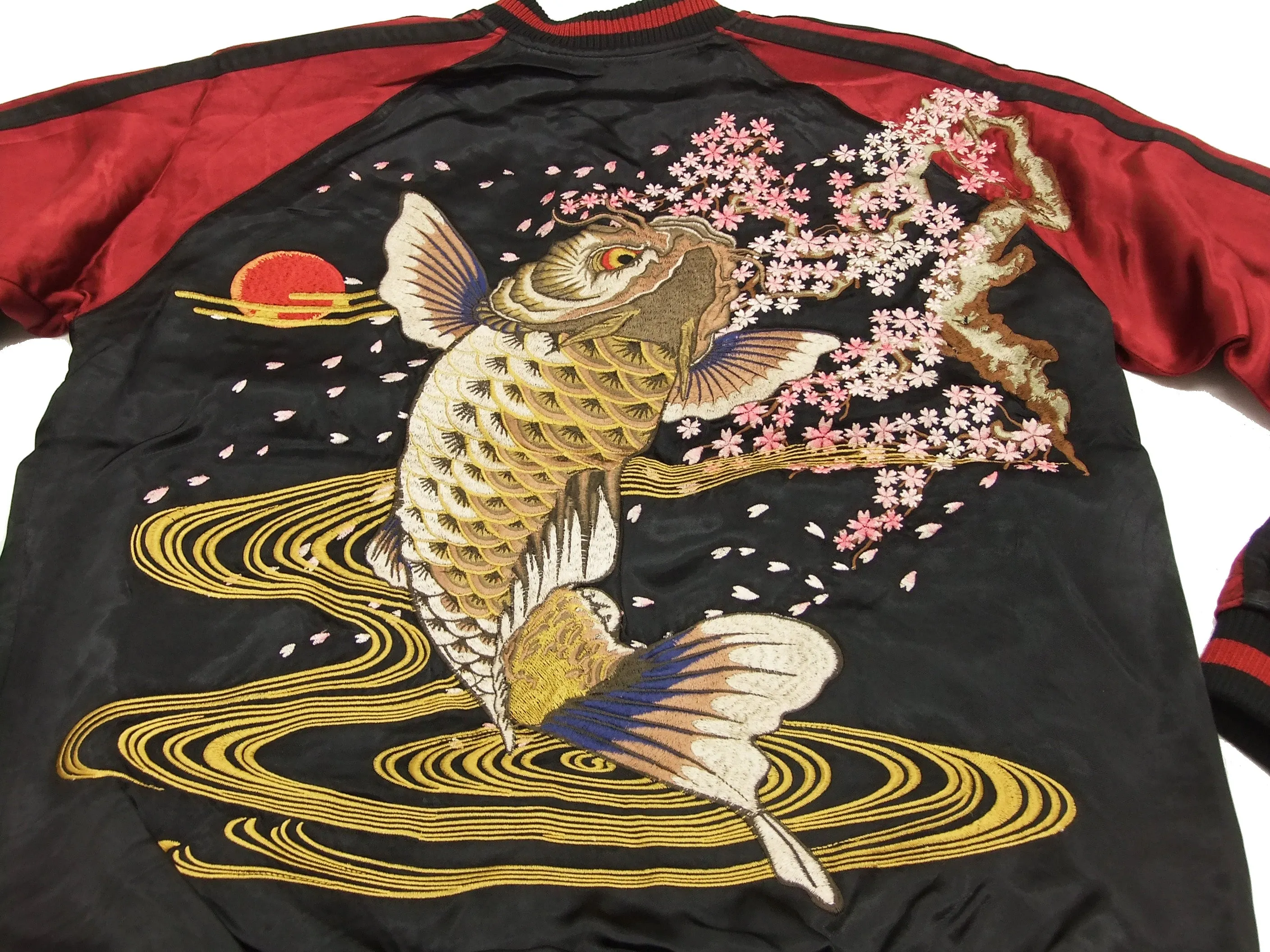 Satori Script Japanese Souvenir Jacket Koi Fish Carp Men's Sukajan GSJR-004 Black/Wine