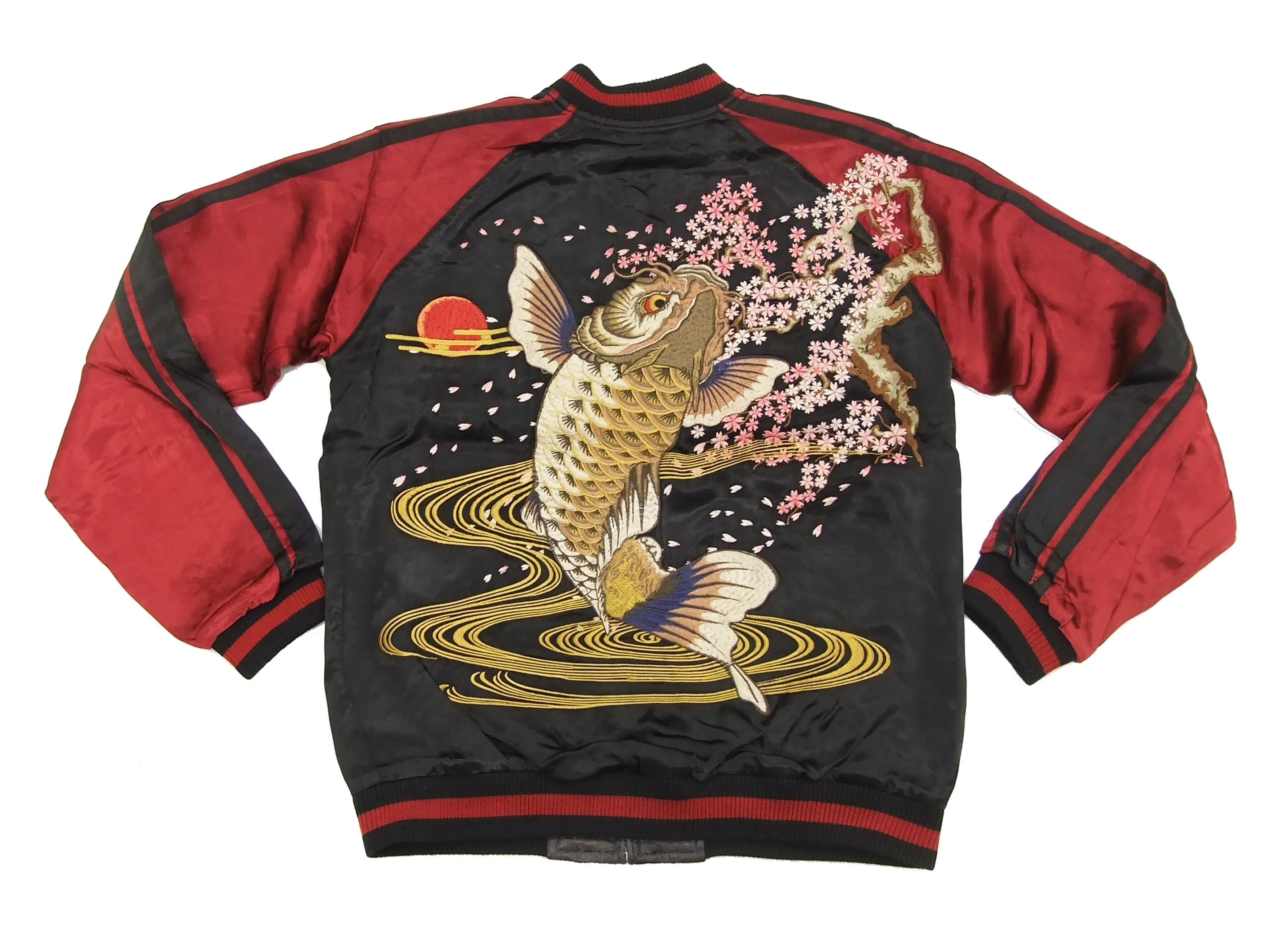 Satori Script Japanese Souvenir Jacket Koi Fish Carp Men's Sukajan GSJR-004 Black/Wine