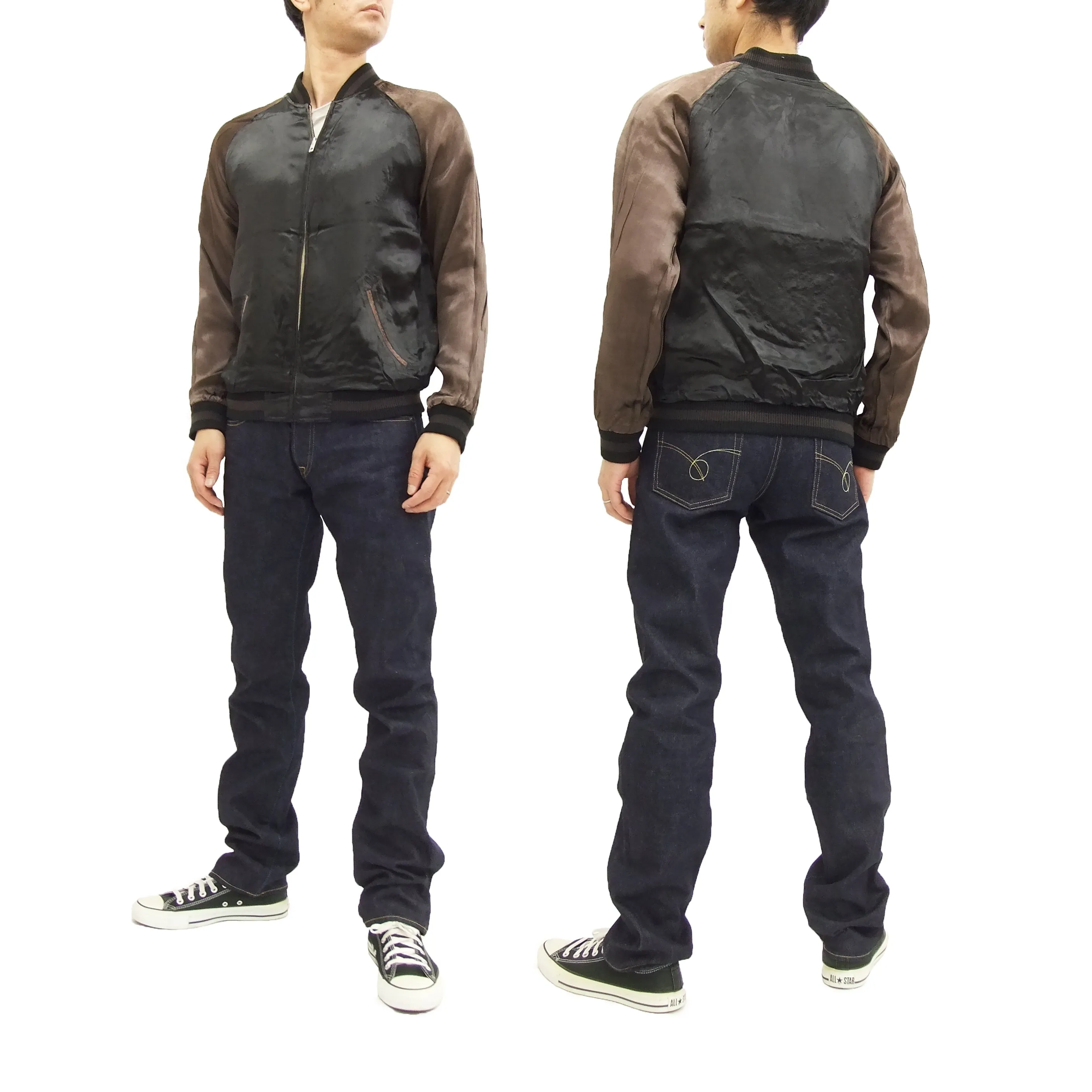 Satori Script Japanese Souvenir Jacket Koi Fish Carps Men's Sukajan GSJR-011 Black/Charcoal-Gray
