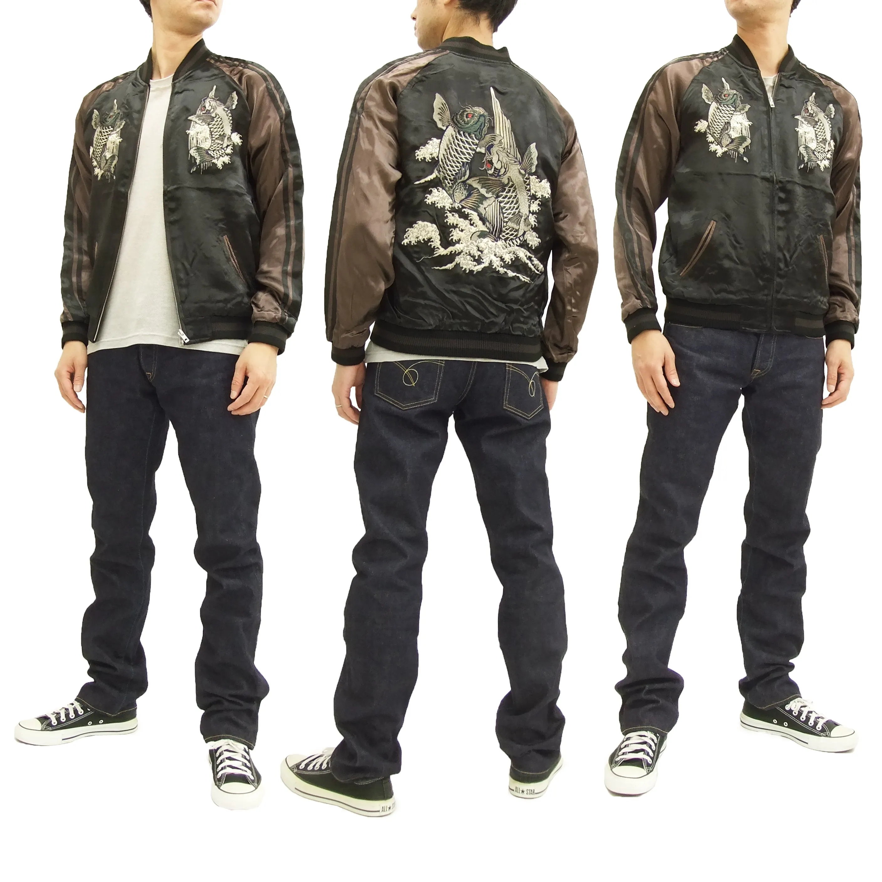 Satori Script Japanese Souvenir Jacket Koi Fish Carps Men's Sukajan GSJR-011 Black/Charcoal-Gray