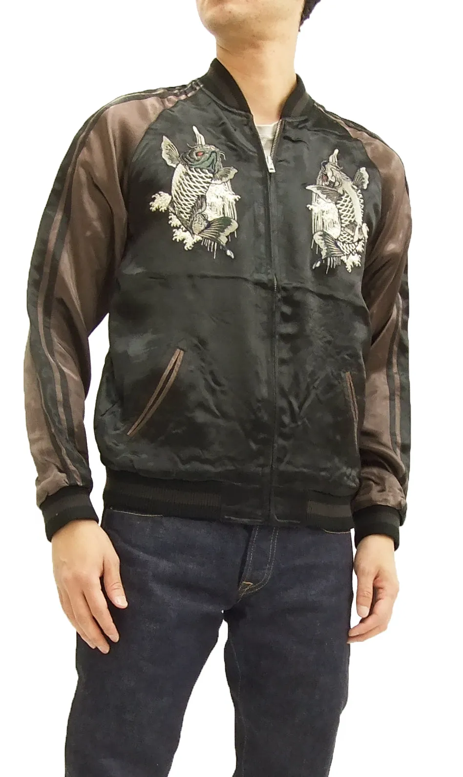 Satori Script Japanese Souvenir Jacket Koi Fish Carps Men's Sukajan GSJR-011 Black/Charcoal-Gray