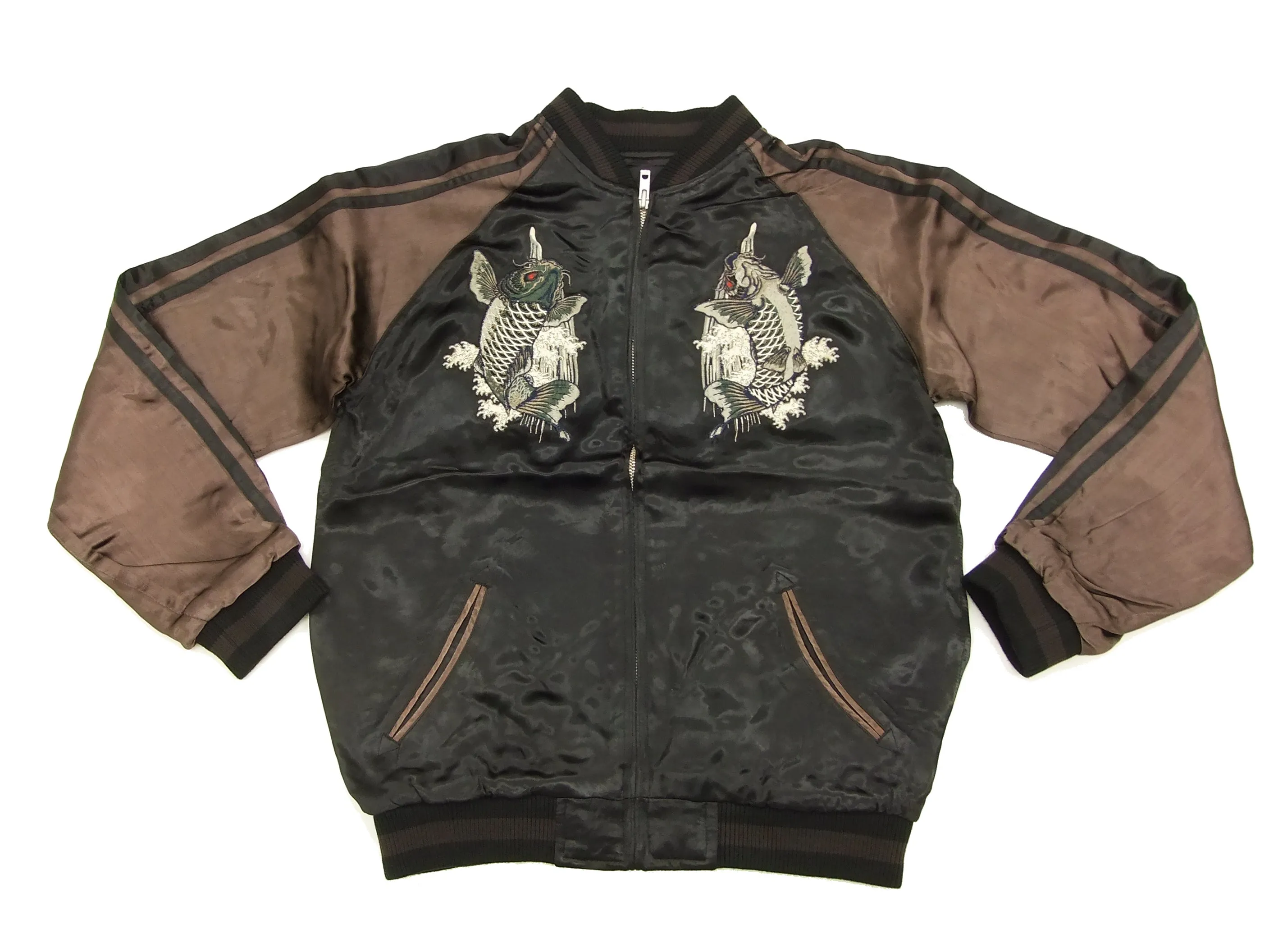 Satori Script Japanese Souvenir Jacket Koi Fish Carps Men's Sukajan GSJR-011 Black/Charcoal-Gray