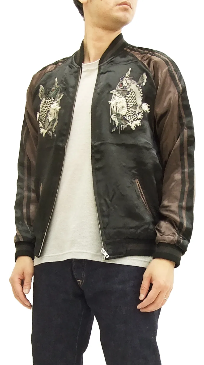 Satori Script Japanese Souvenir Jacket Koi Fish Carps Men's Sukajan GSJR-011 Black/Charcoal-Gray