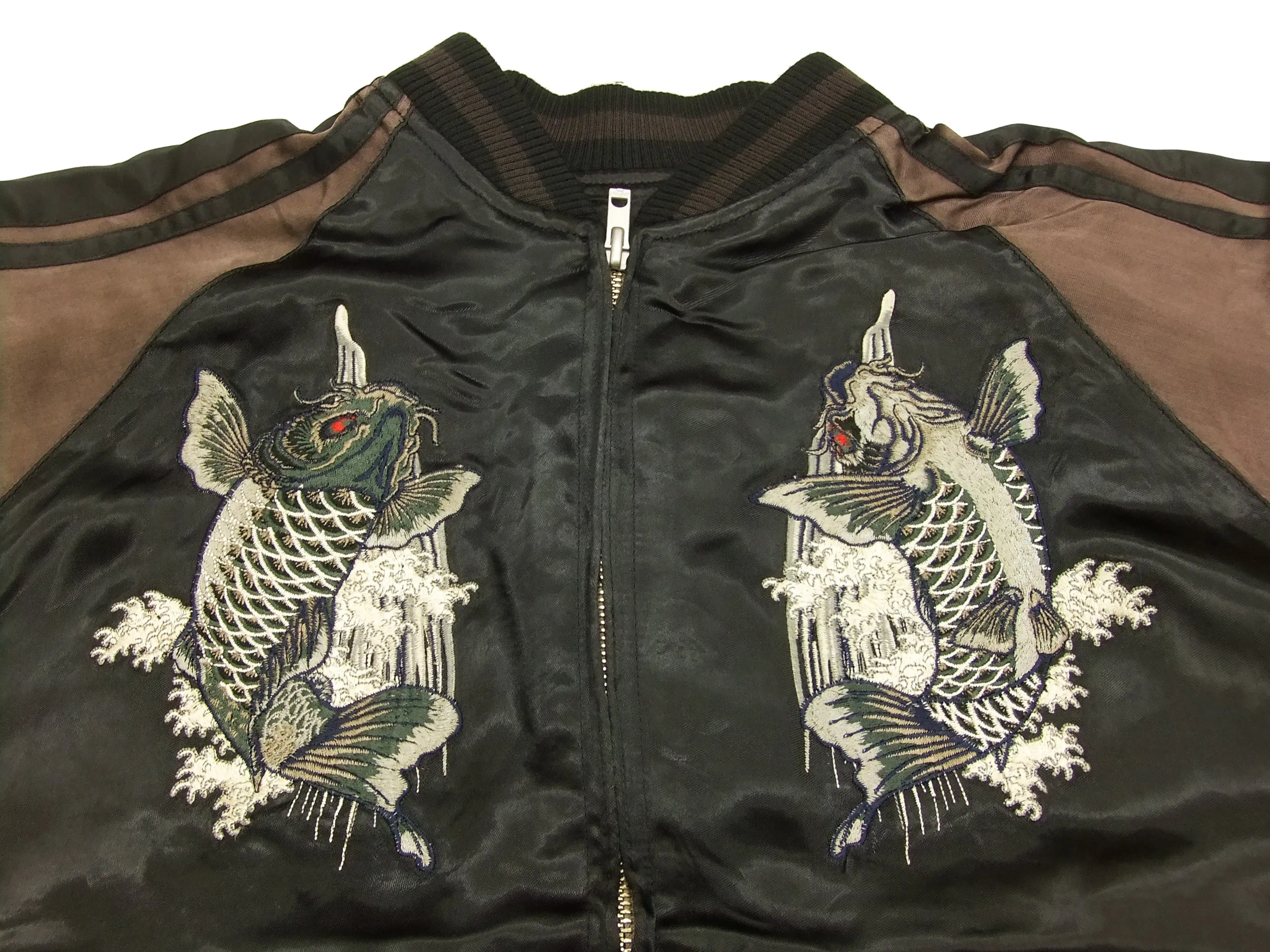 Satori Script Japanese Souvenir Jacket Koi Fish Carps Men's Sukajan GSJR-011 Black/Charcoal-Gray