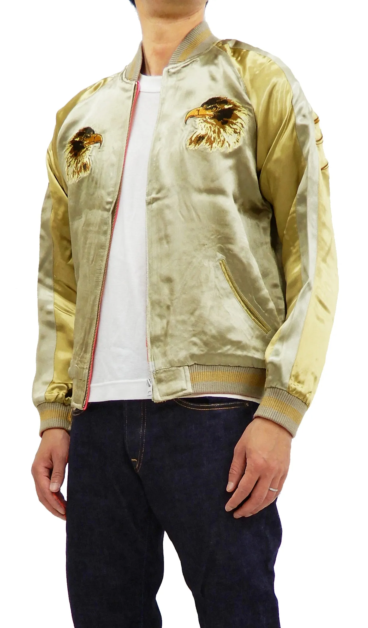Satori Script Men's Japanese Souvenir Jacket Hawk Sukajan GSJR-018 Beige/Gold