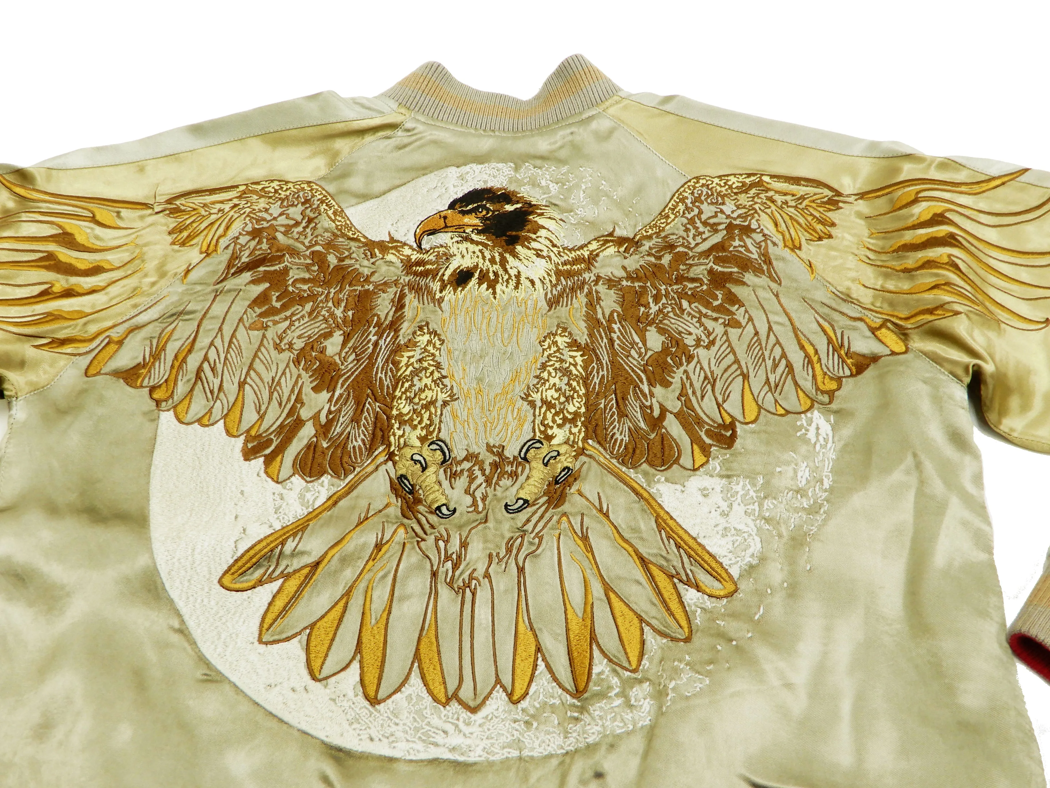 Satori Script Men's Japanese Souvenir Jacket Hawk Sukajan GSJR-018 Beige/Gold