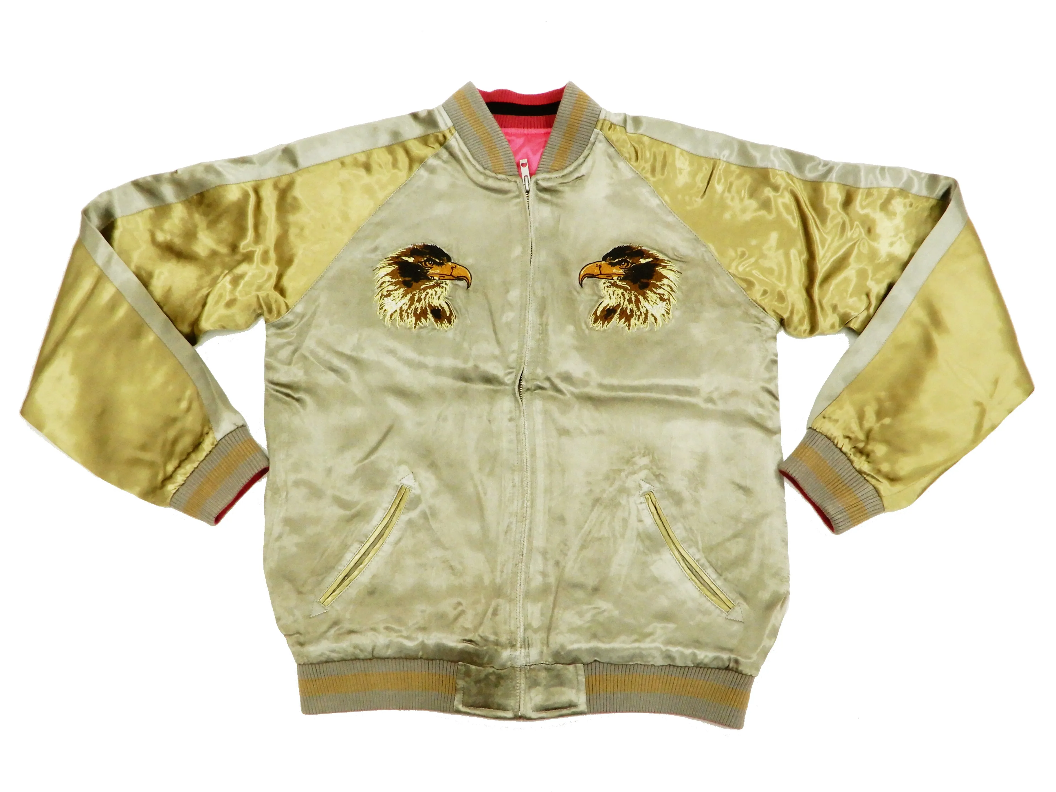 Satori Script Men's Japanese Souvenir Jacket Hawk Sukajan GSJR-018 Beige/Gold