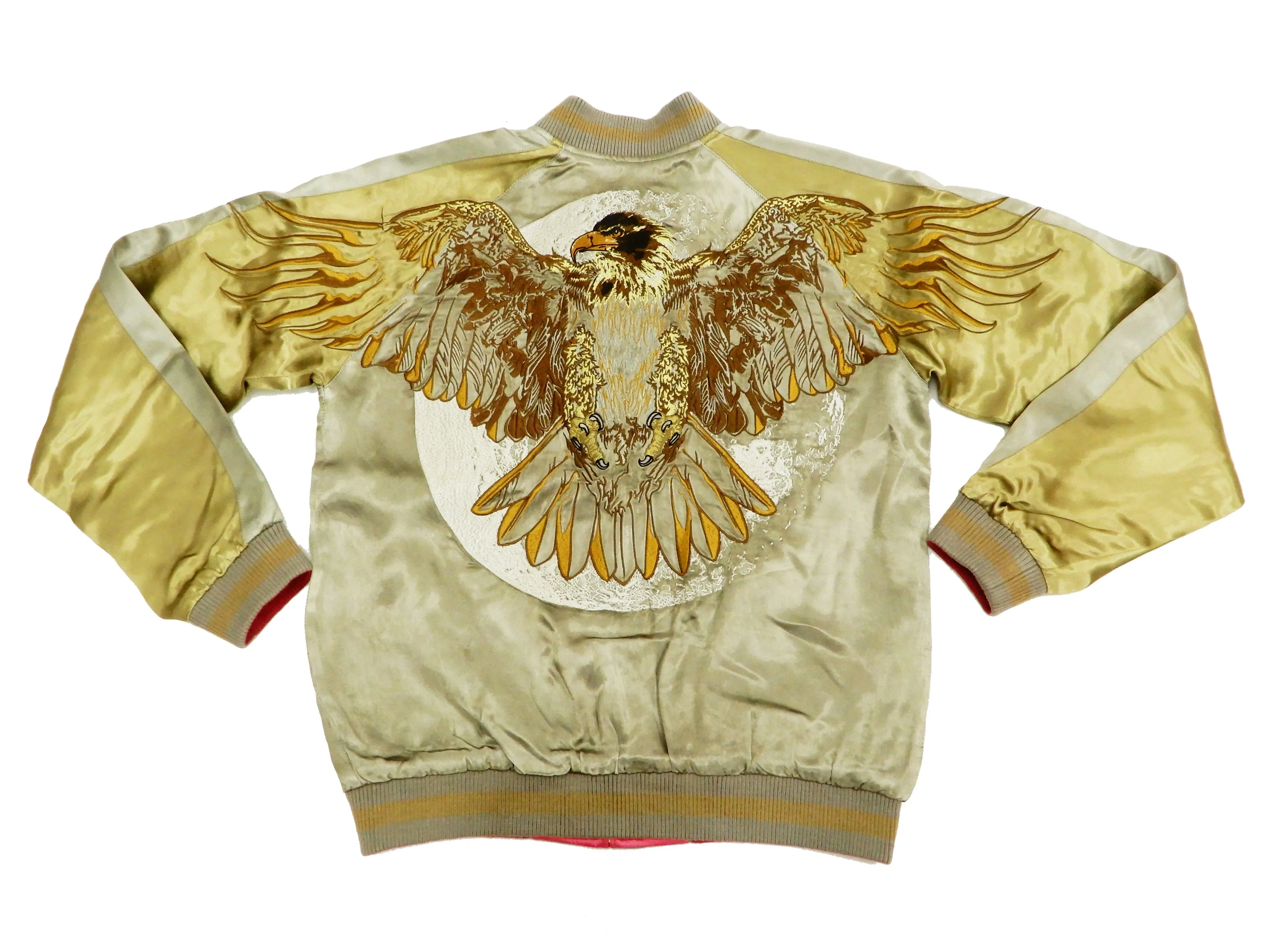 Satori Script Men's Japanese Souvenir Jacket Hawk Sukajan GSJR-018 Beige/Gold