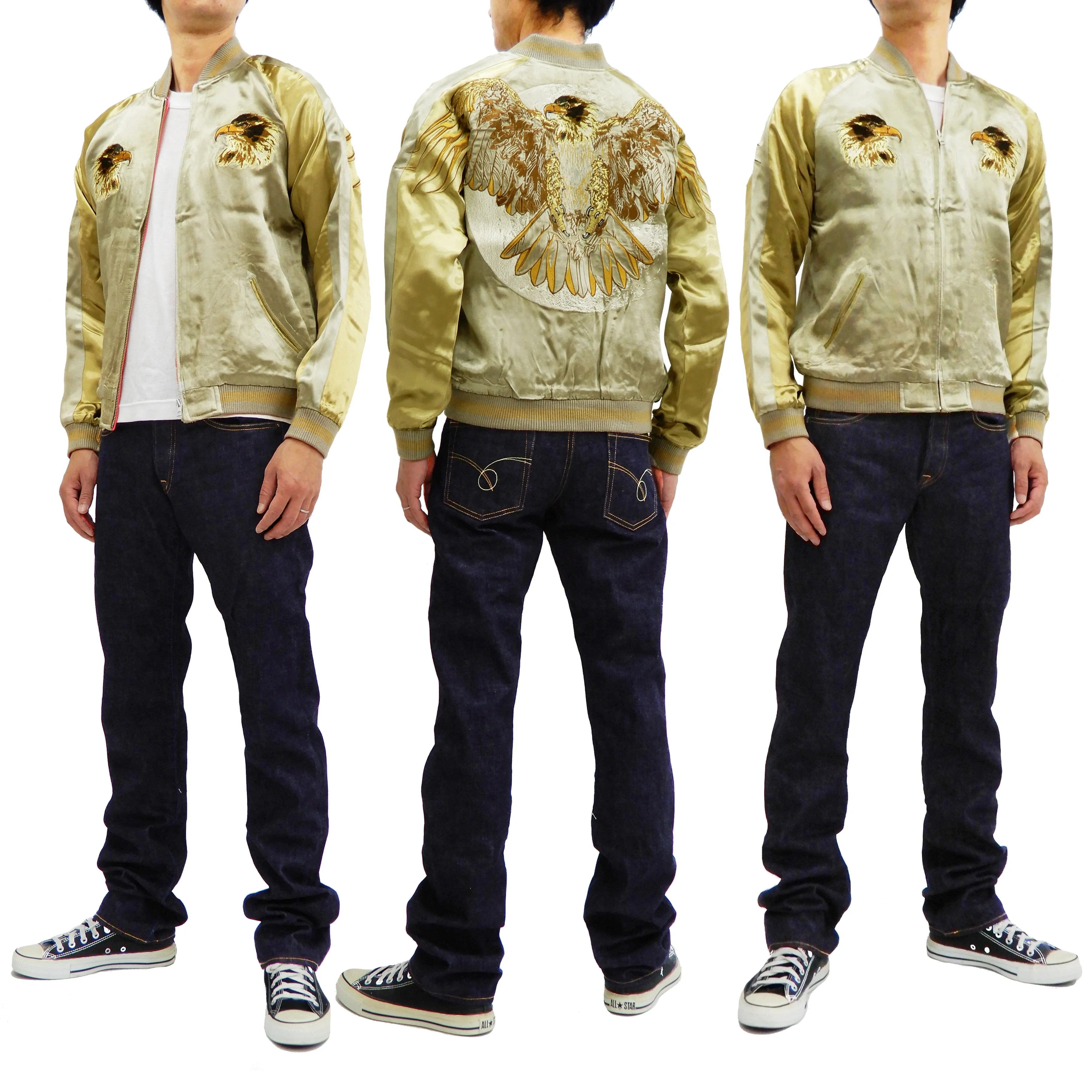 Satori Script Men's Japanese Souvenir Jacket Hawk Sukajan GSJR-018 Beige/Gold