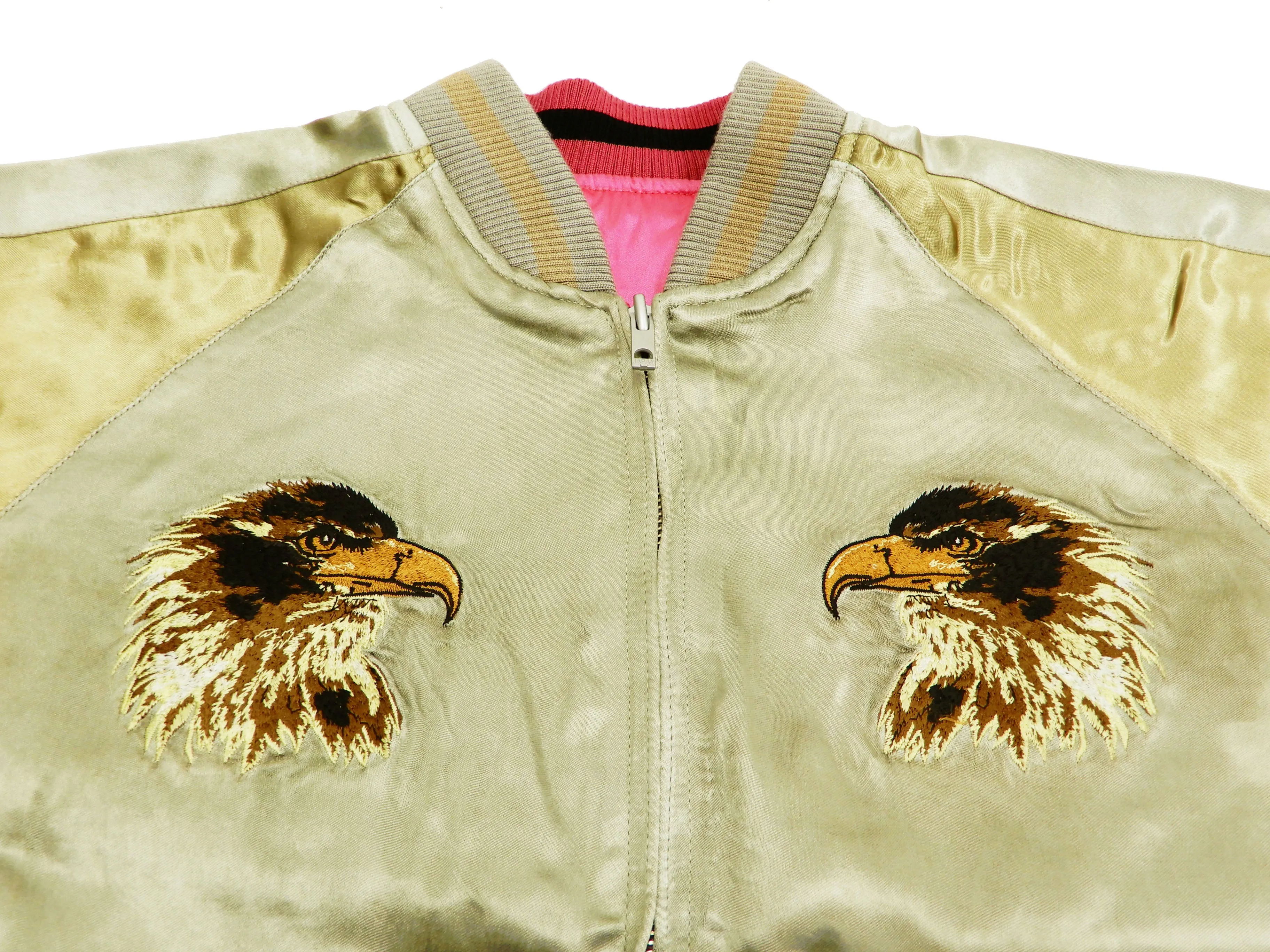 Satori Script Men's Japanese Souvenir Jacket Hawk Sukajan GSJR-018 Beige/Gold