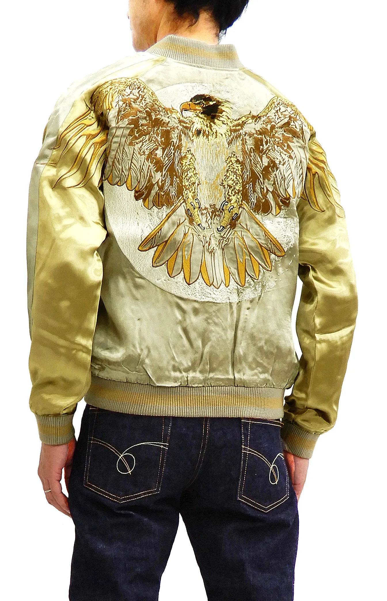 Satori Script Men's Japanese Souvenir Jacket Hawk Sukajan GSJR-018 Beige/Gold