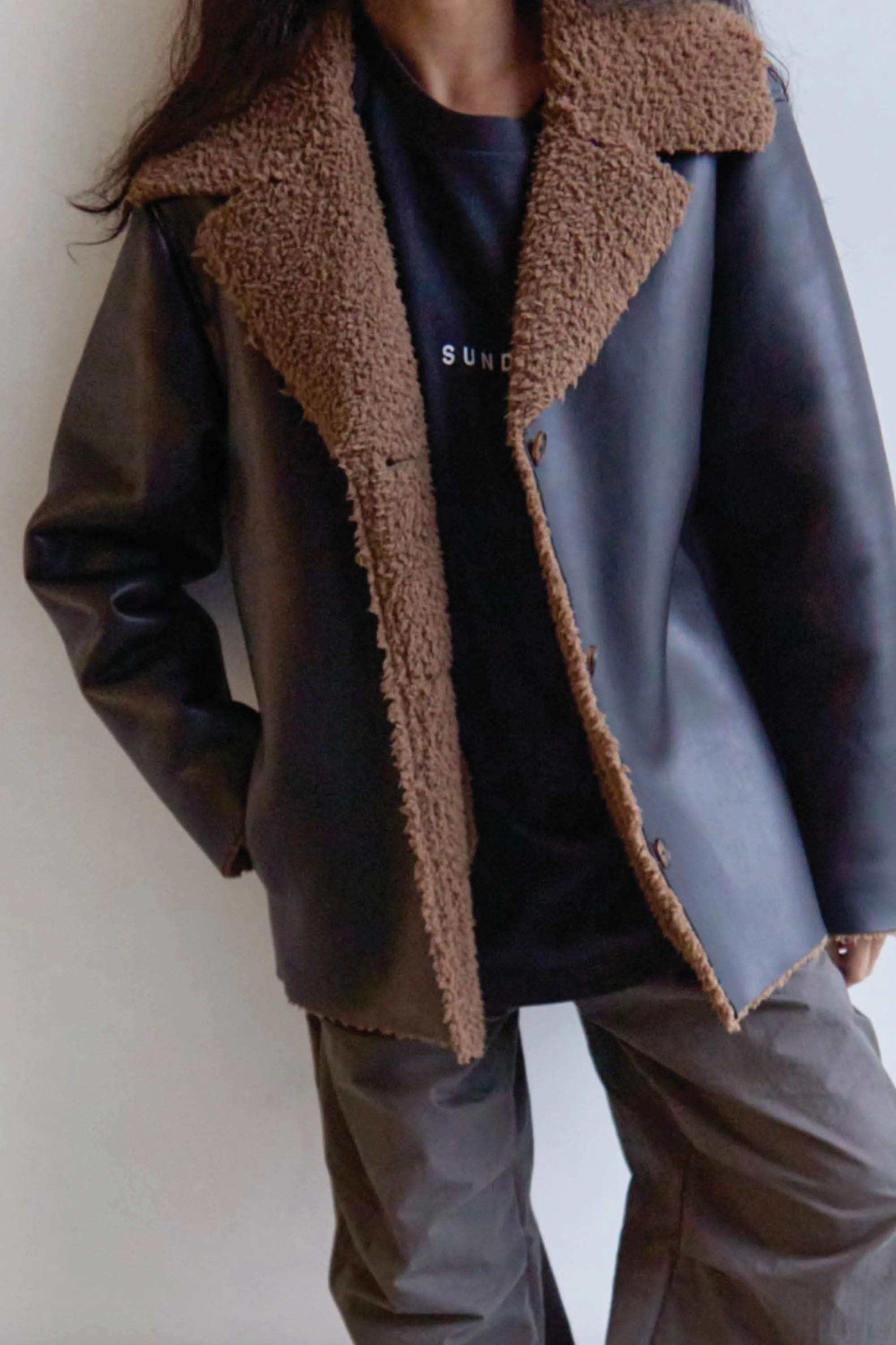 SHERPA TRIMMED VEGAN LEATHER JACKET
