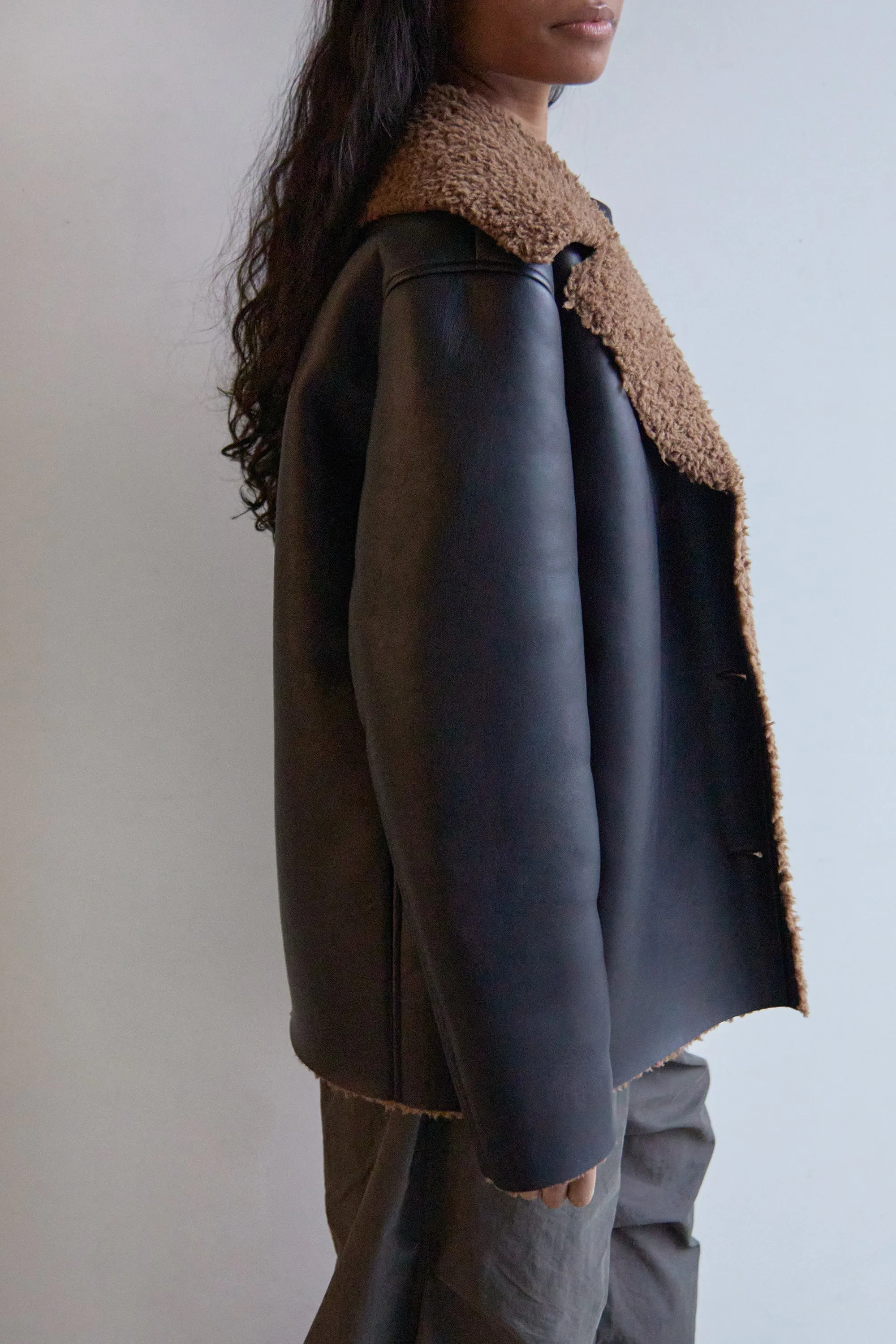 SHERPA TRIMMED VEGAN LEATHER JACKET