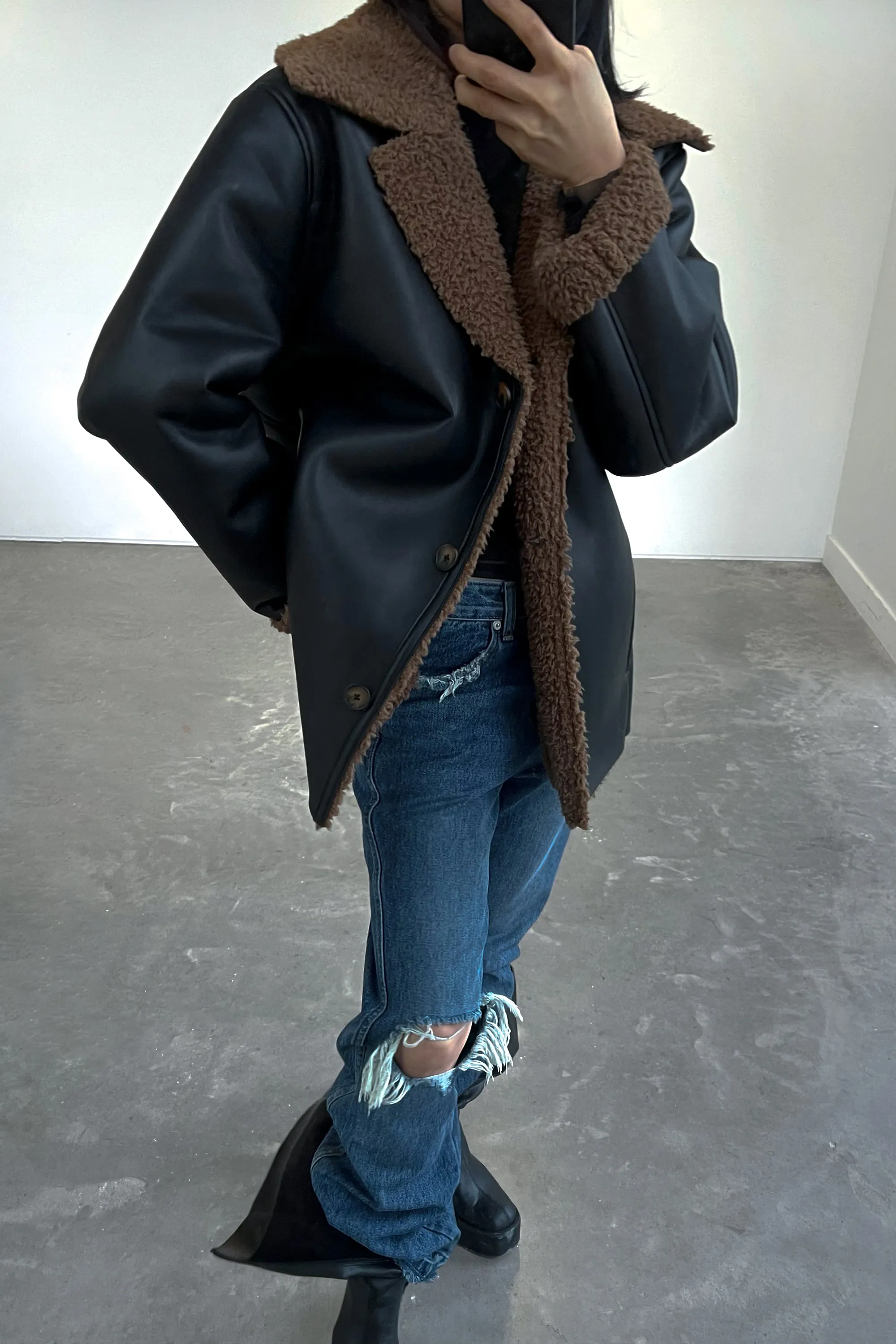 SHERPA TRIMMED VEGAN LEATHER JACKET