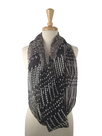 SIS-06 - Infinity Silk Scarf with Black and White Dots