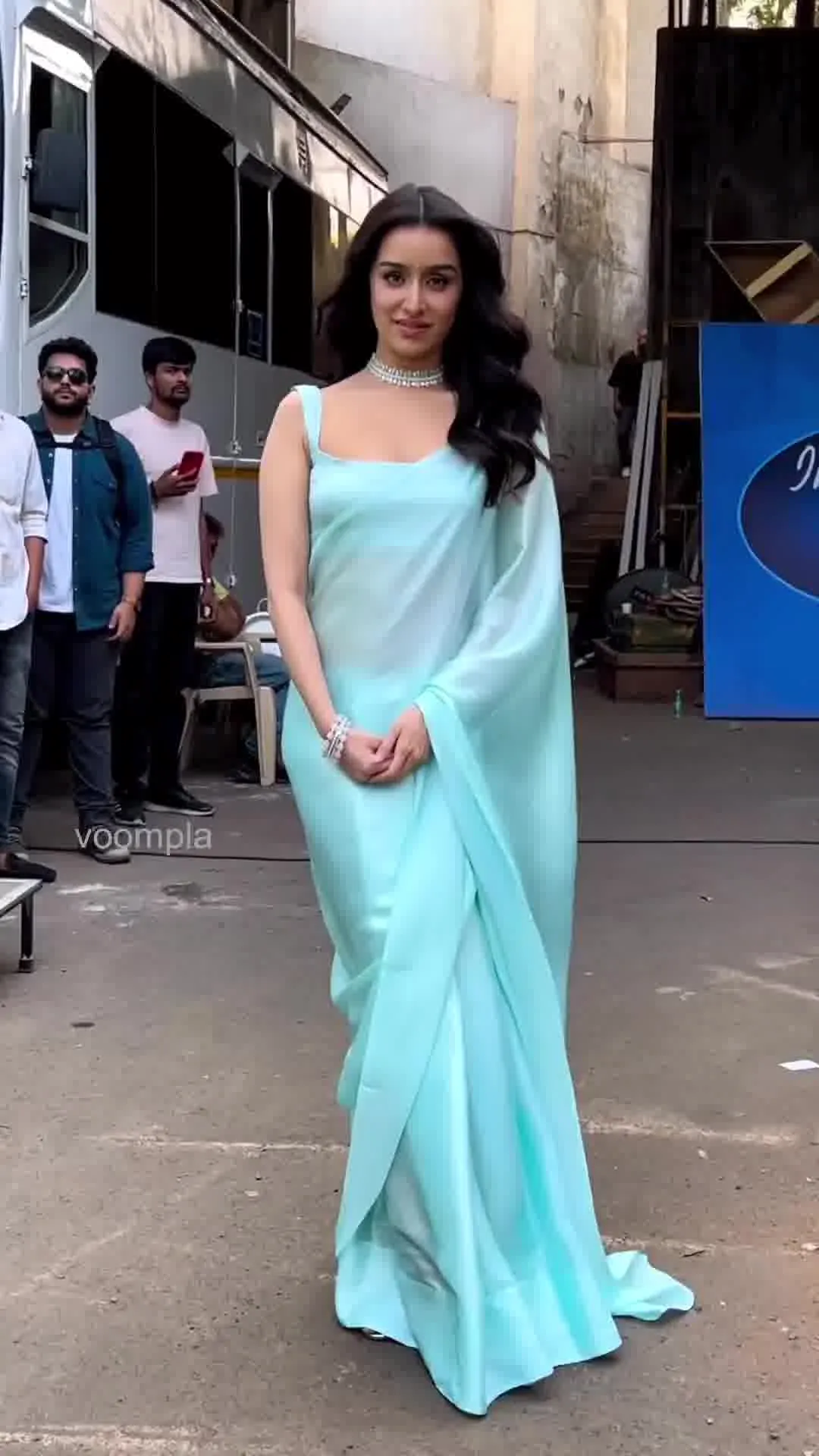 Sky color Fluffy Satin Saree with same tone silk blouse for women