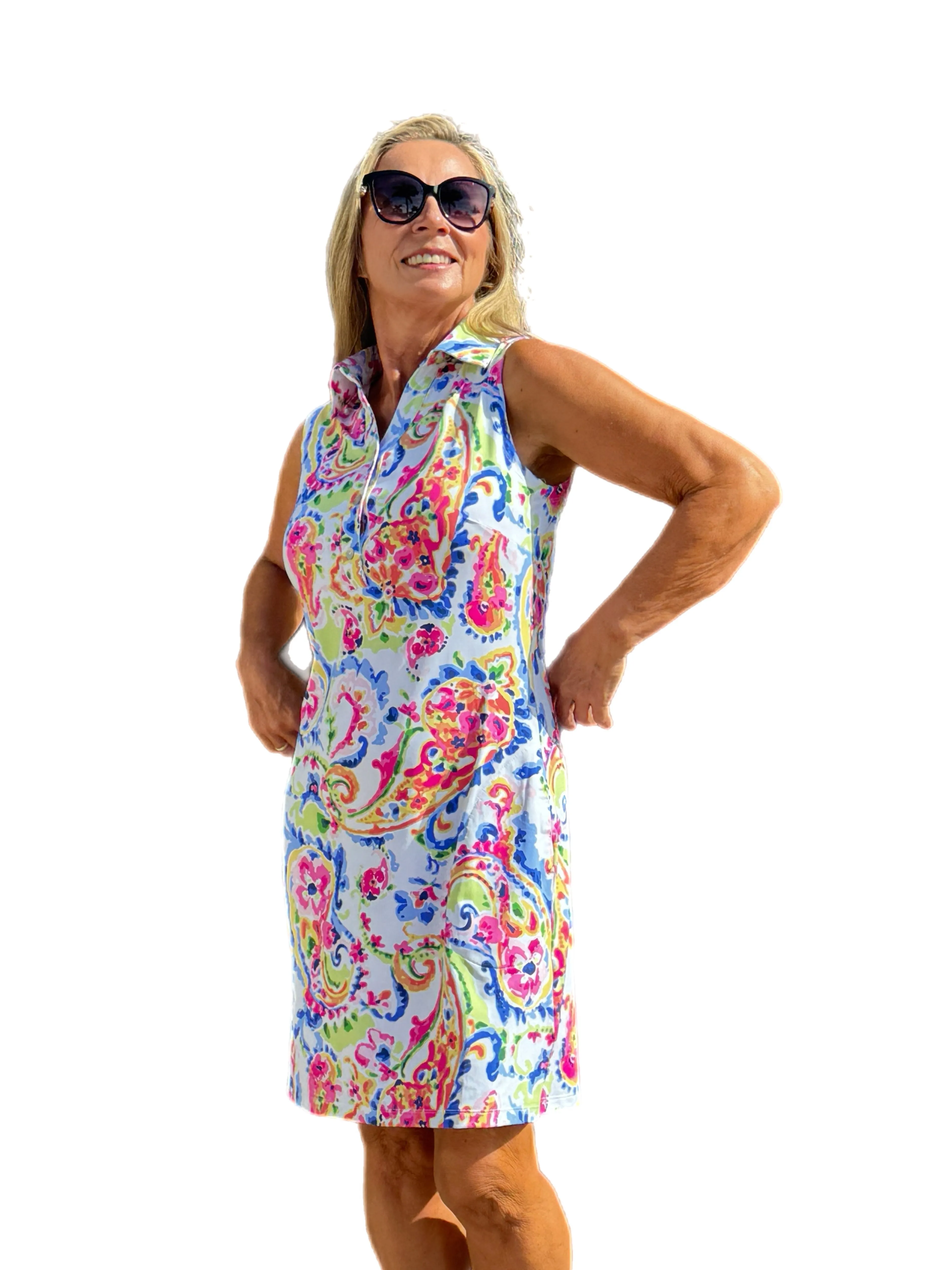 Sleeveless Polo-Collar Dress with UPF50  White Multi Flowers