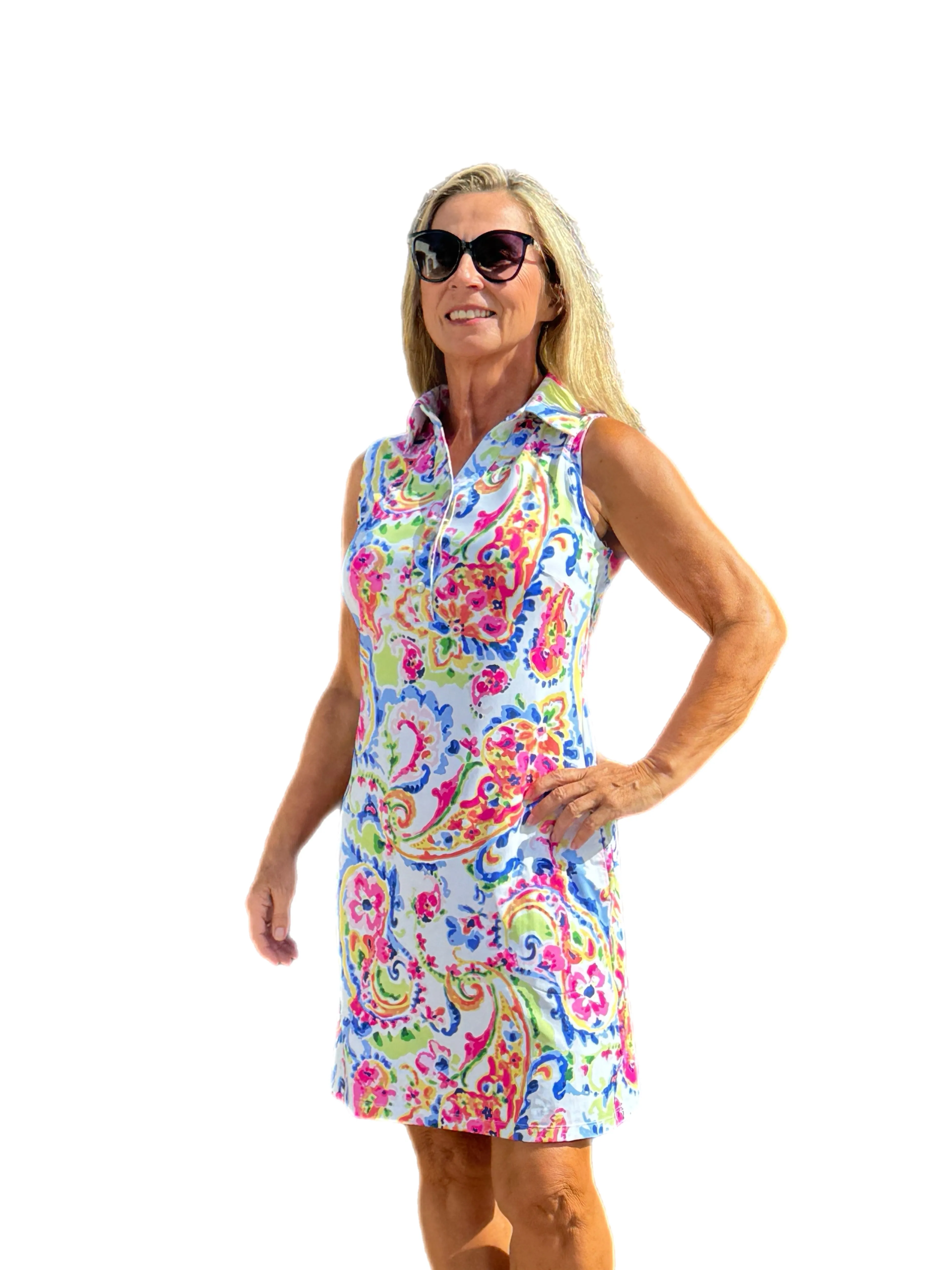 Sleeveless Polo-Collar Dress with UPF50  White Multi Flowers
