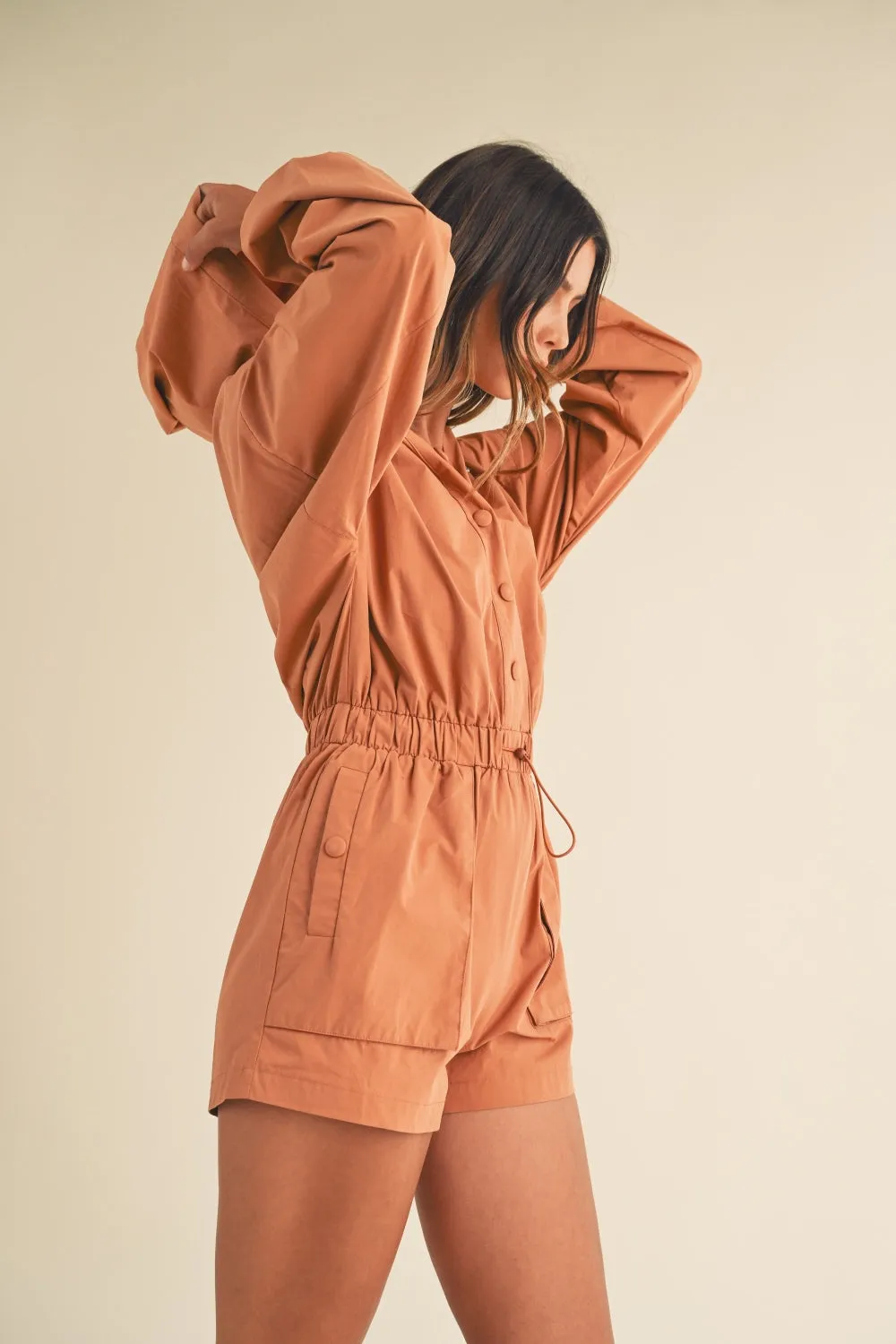 Snap Down Long Sleeve Hooded Romper