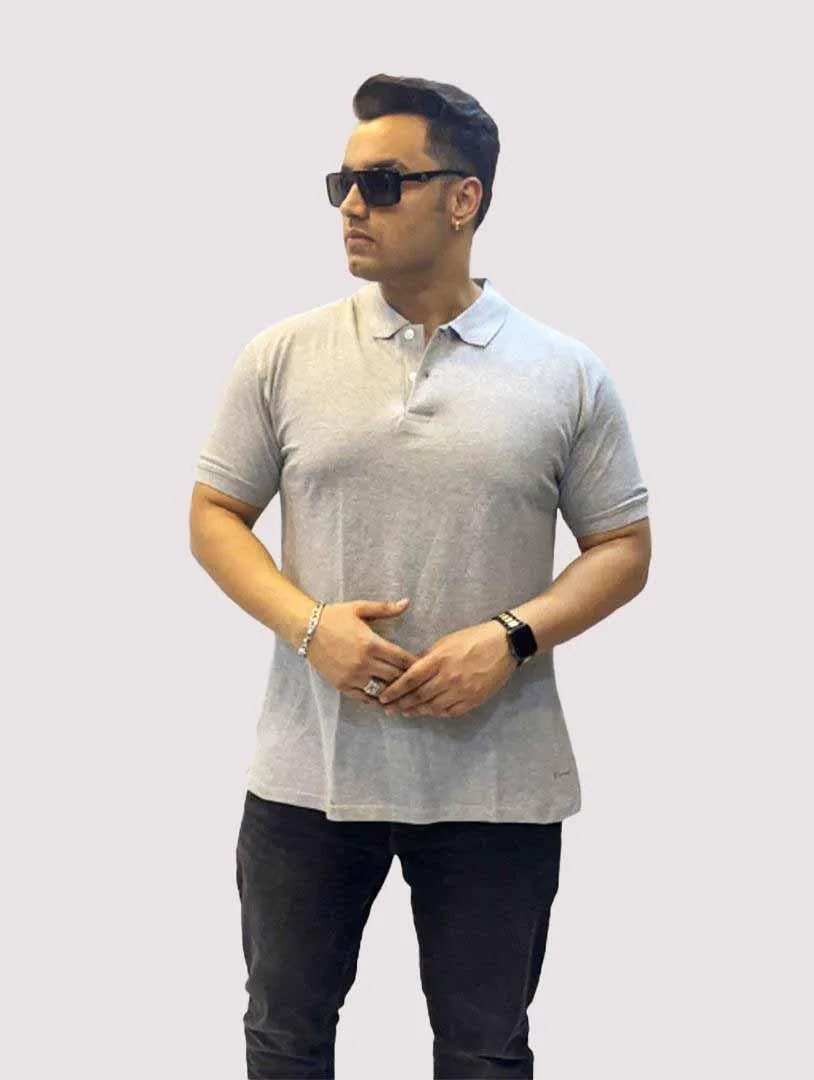 Stone Grey Solid Polo Collar Pure Cotton T-SHIRT Men's Plus Size