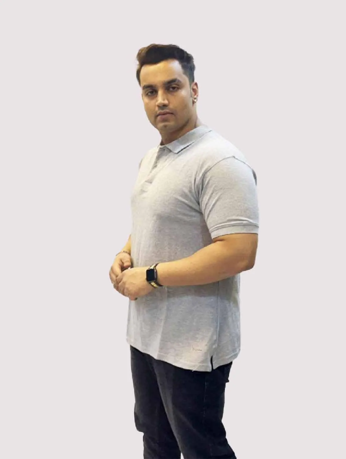 Stone Grey Solid Polo Collar Pure Cotton T-SHIRT Men's Plus Size