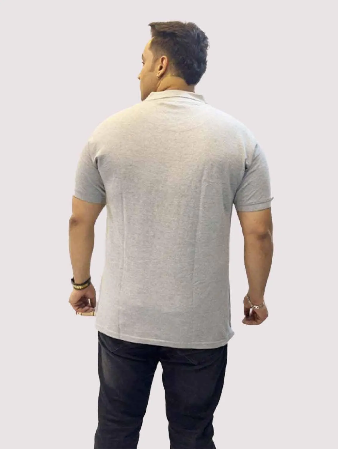 Stone Grey Solid Polo Collar Pure Cotton T-SHIRT Men's Plus Size