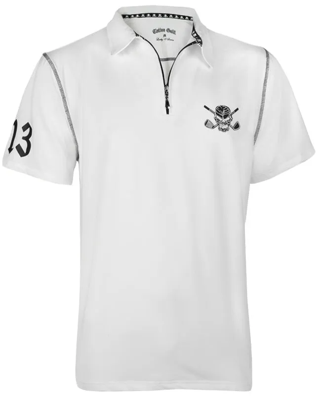 Tattoo Golf: Men's Polo Golf Shirt - Lucky 13  Hybrid Performance (White/Black)