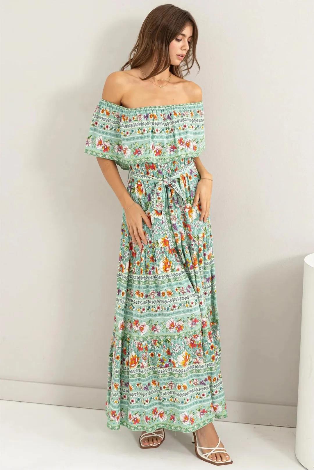 Teal Hawaii Vibes off the Shoulder Maxi Dress