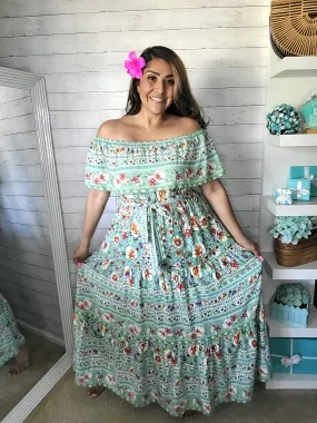 Teal Hawaii Vibes off the Shoulder Maxi Dress