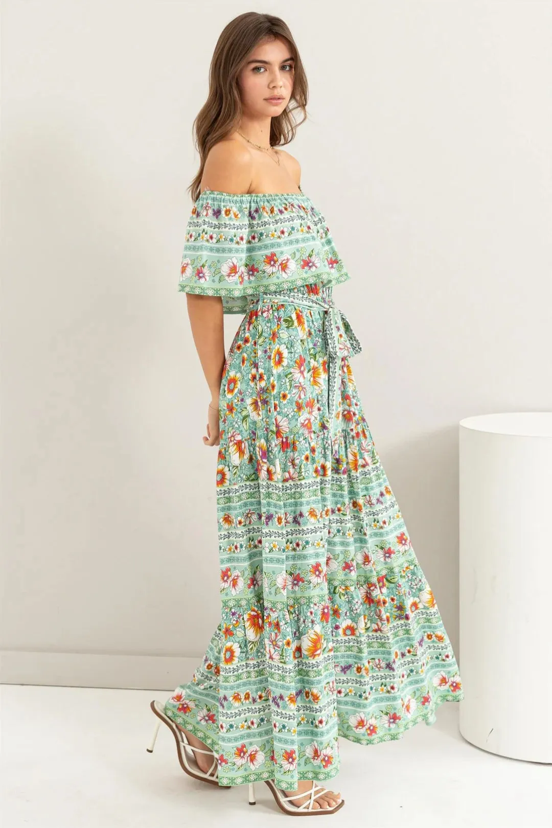 Teal Hawaii Vibes off the Shoulder Maxi Dress