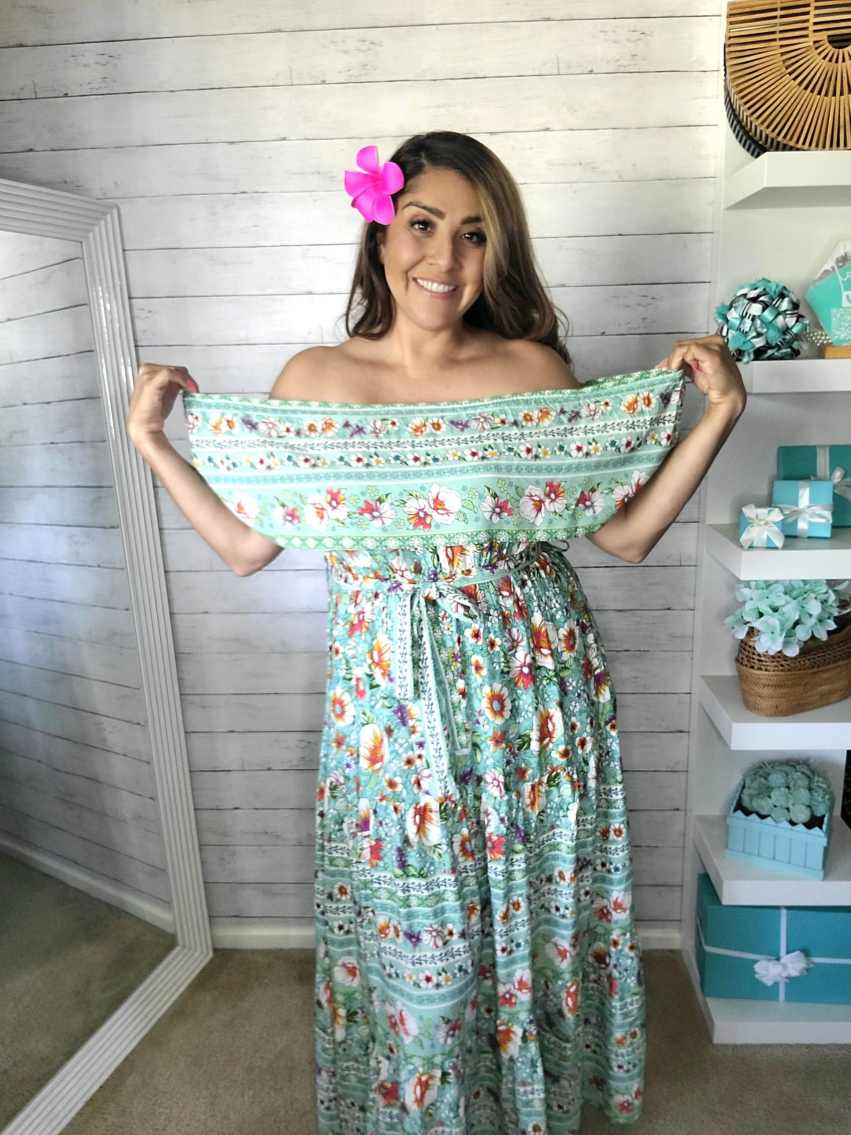 Teal Hawaii Vibes off the Shoulder Maxi Dress