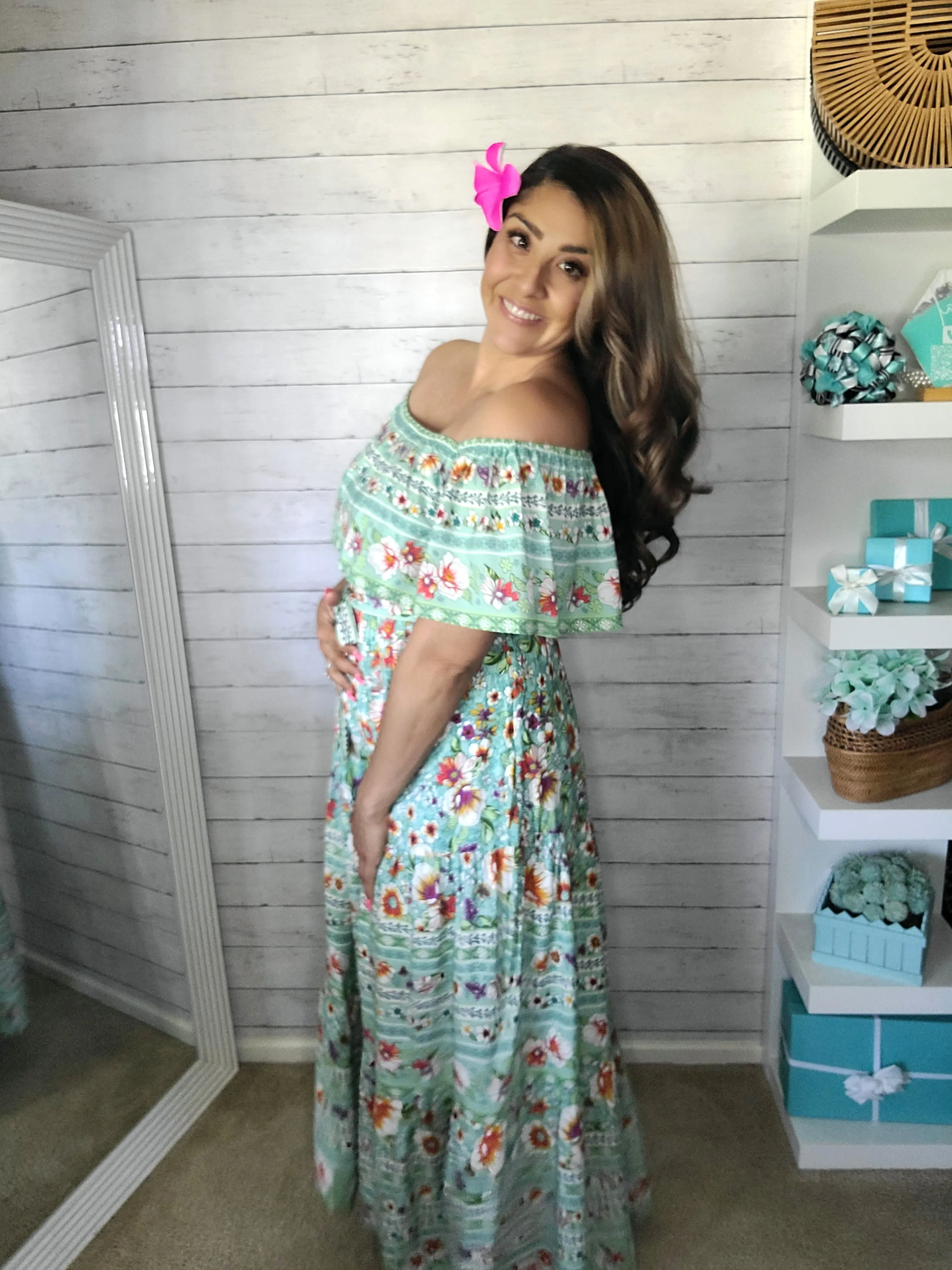 Teal Hawaii Vibes off the Shoulder Maxi Dress