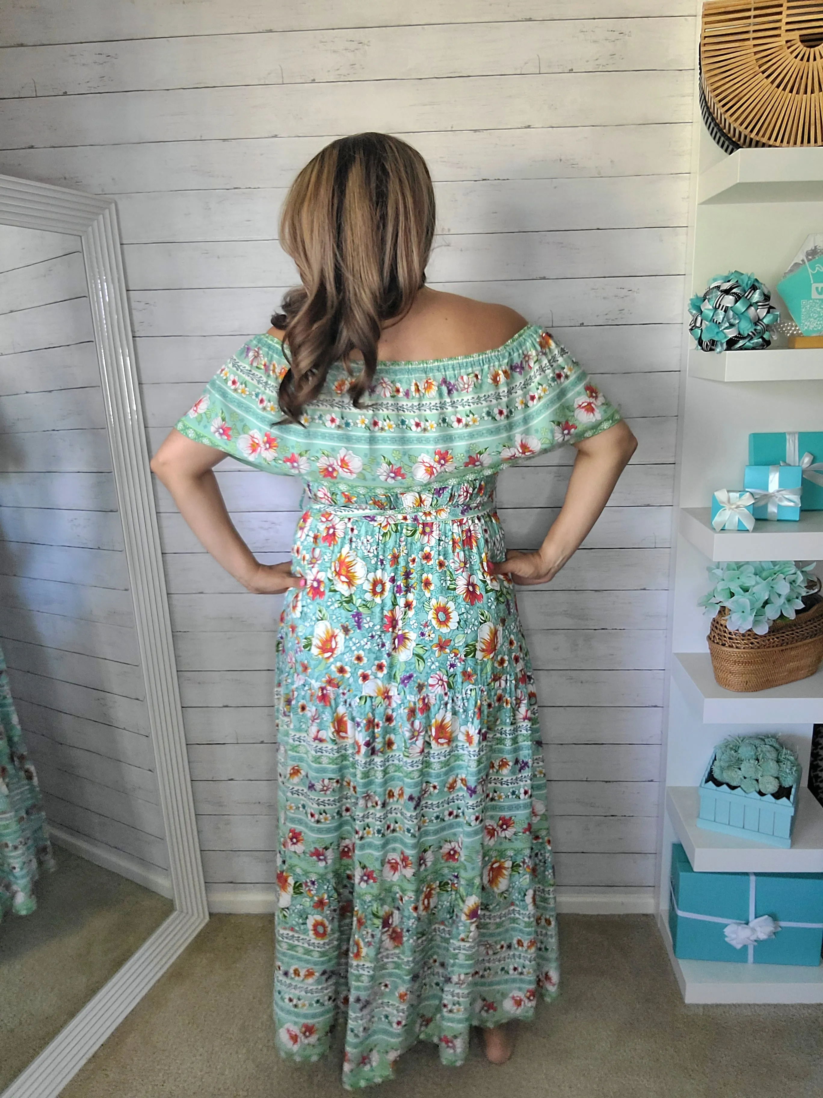 Teal Hawaii Vibes off the Shoulder Maxi Dress