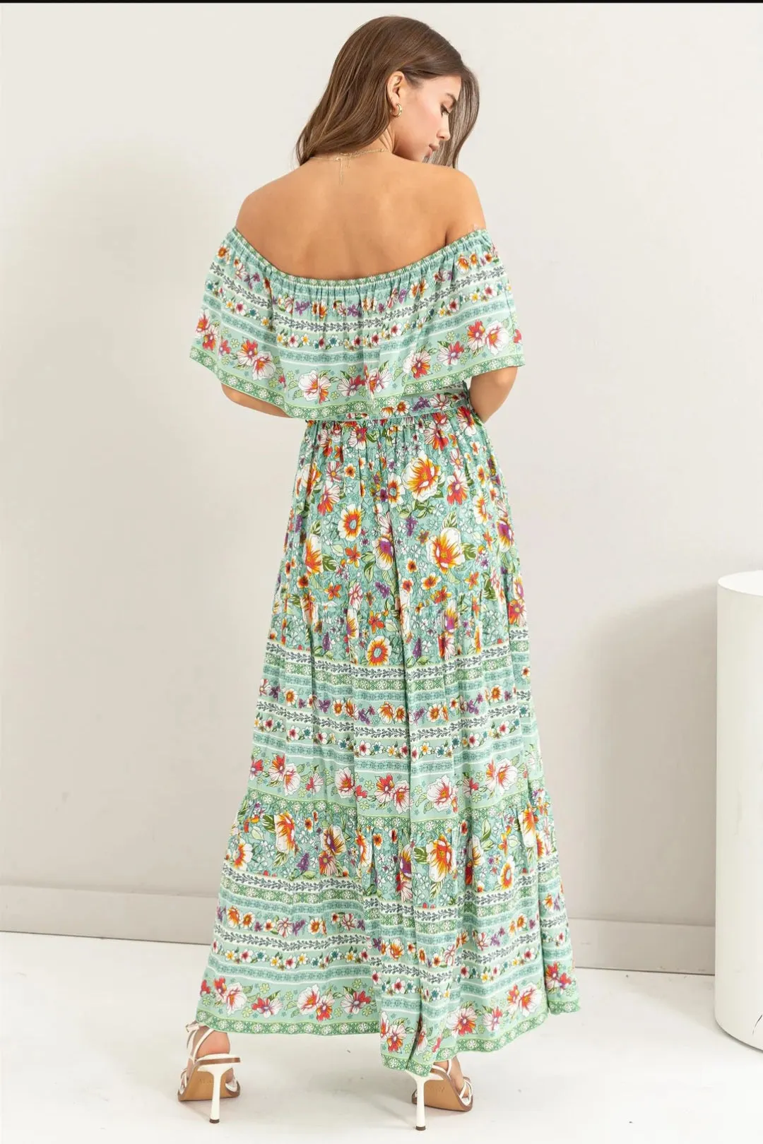 Teal Hawaii Vibes off the Shoulder Maxi Dress