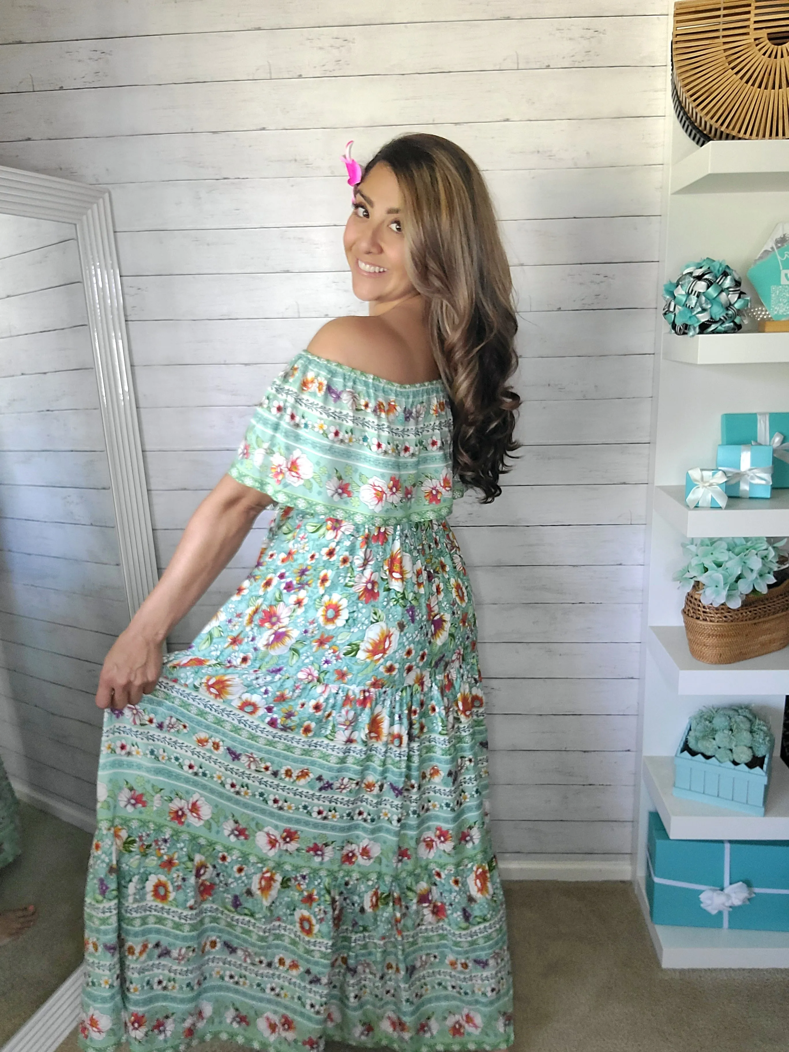 Teal Hawaii Vibes off the Shoulder Maxi Dress