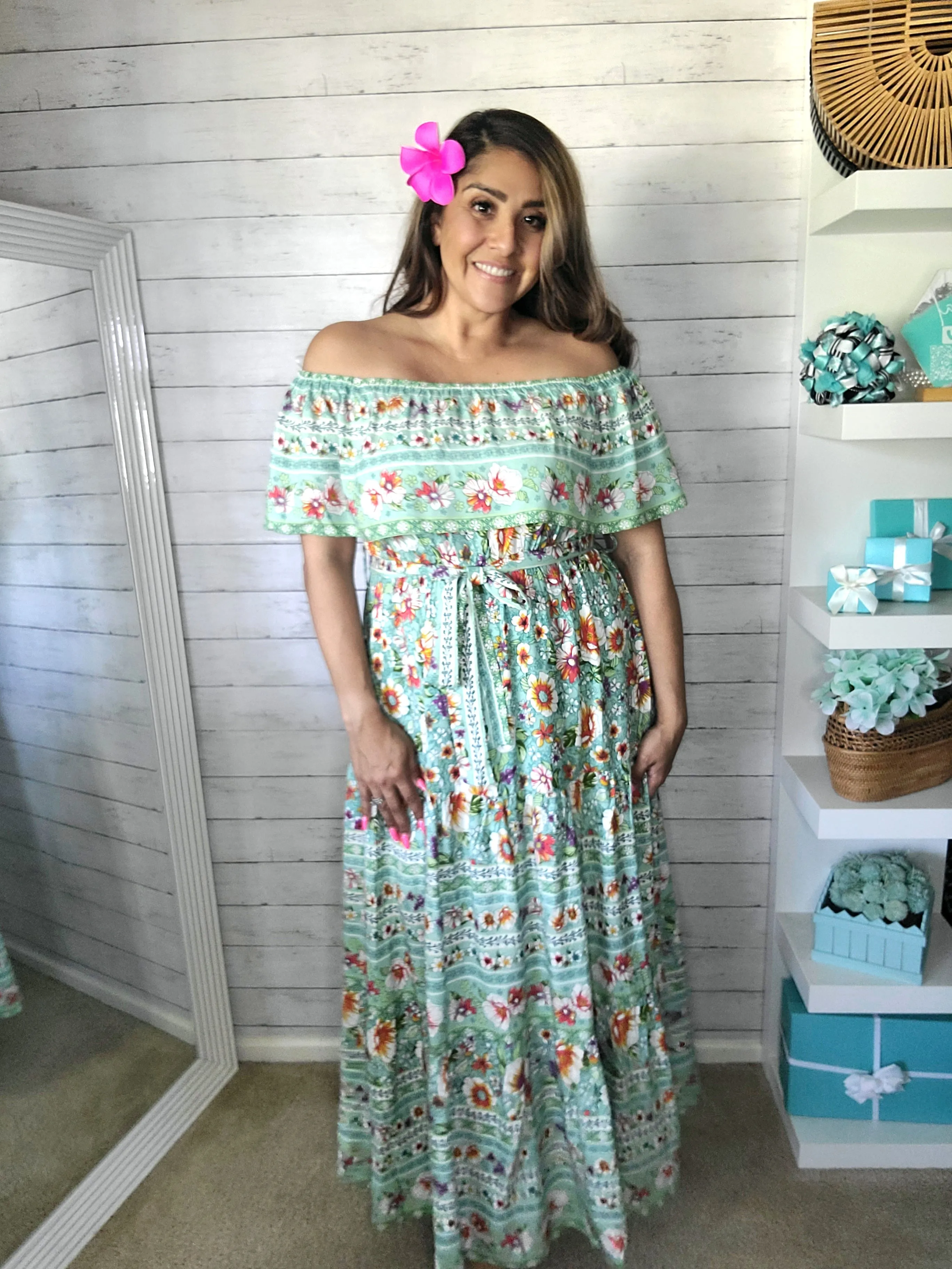Teal Hawaii Vibes off the Shoulder Maxi Dress