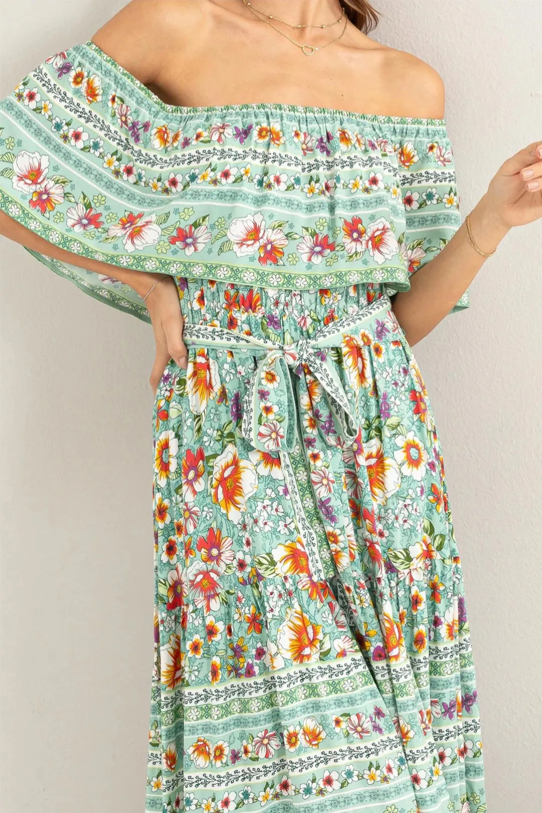 Teal Hawaii Vibes off the Shoulder Maxi Dress