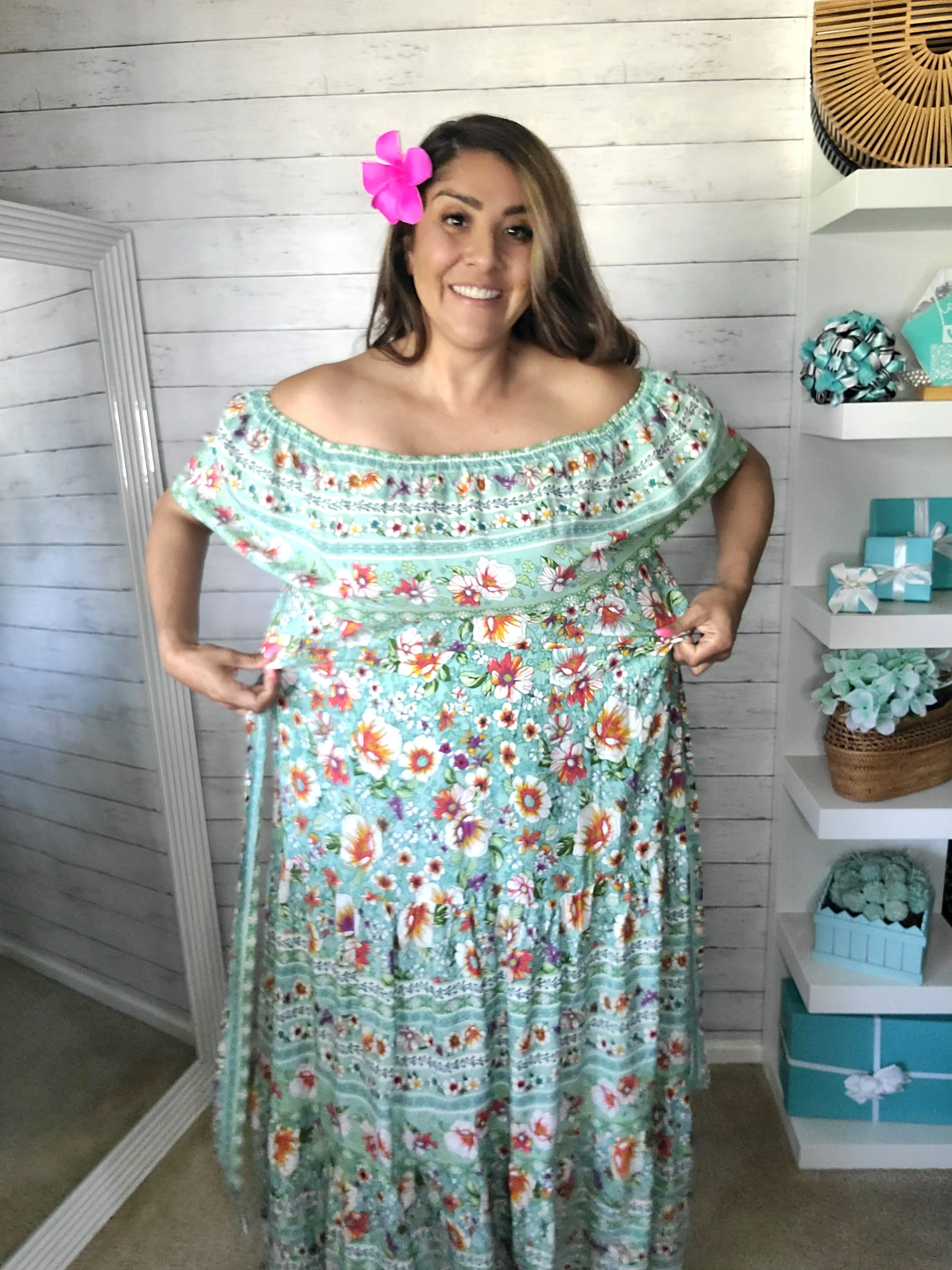 Teal Hawaii Vibes off the Shoulder Maxi Dress