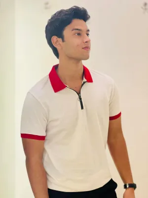 Textured Zip Knit Polo- Metro Edition  | Cream