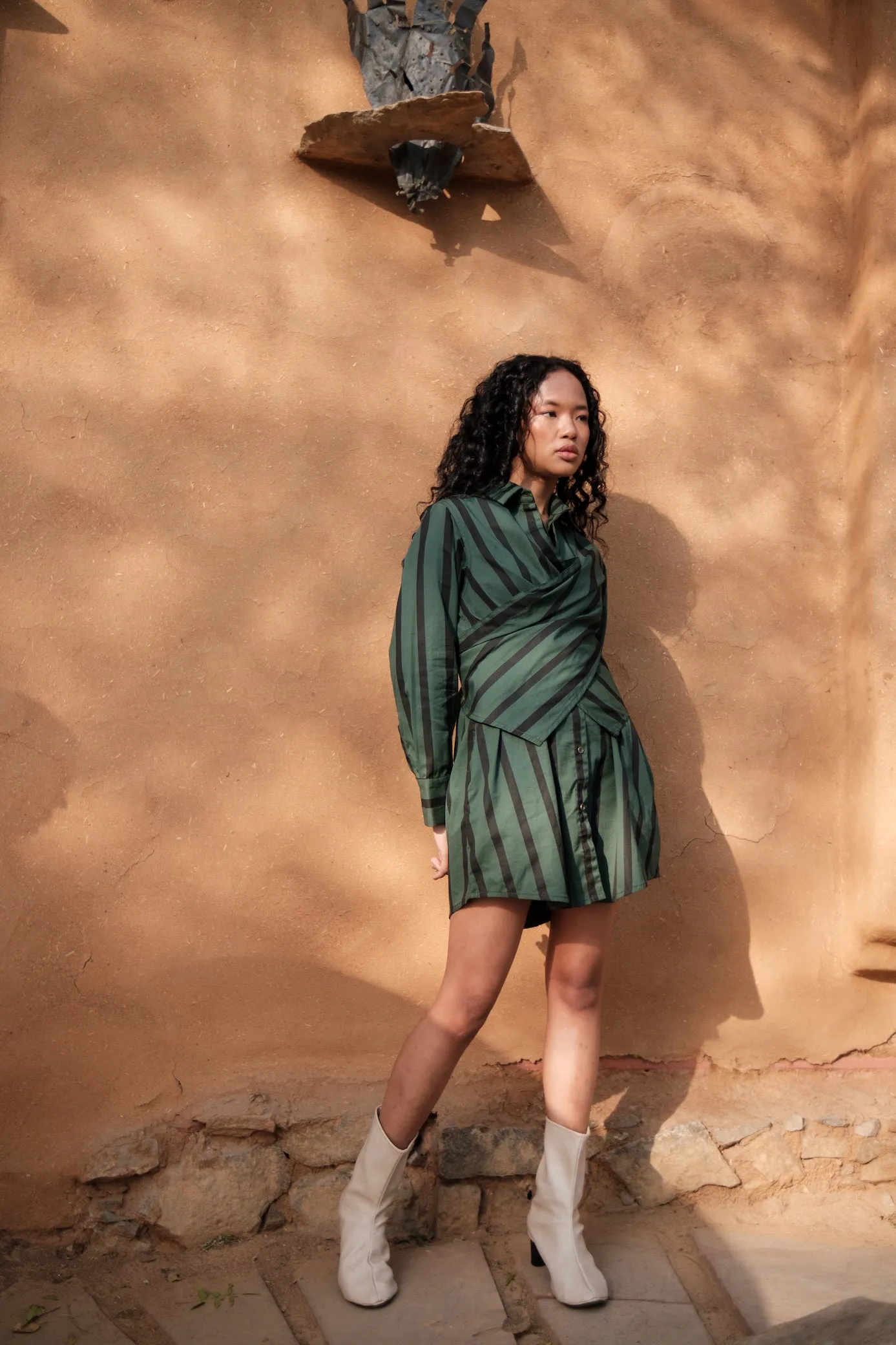 The Terra Tribe Deep Green Stripes Seattle Wrap Shirt Dress
