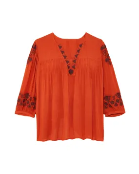 Tisha 3/4 Sleeve Embroidered Blouse with Pleating Detail | Orange