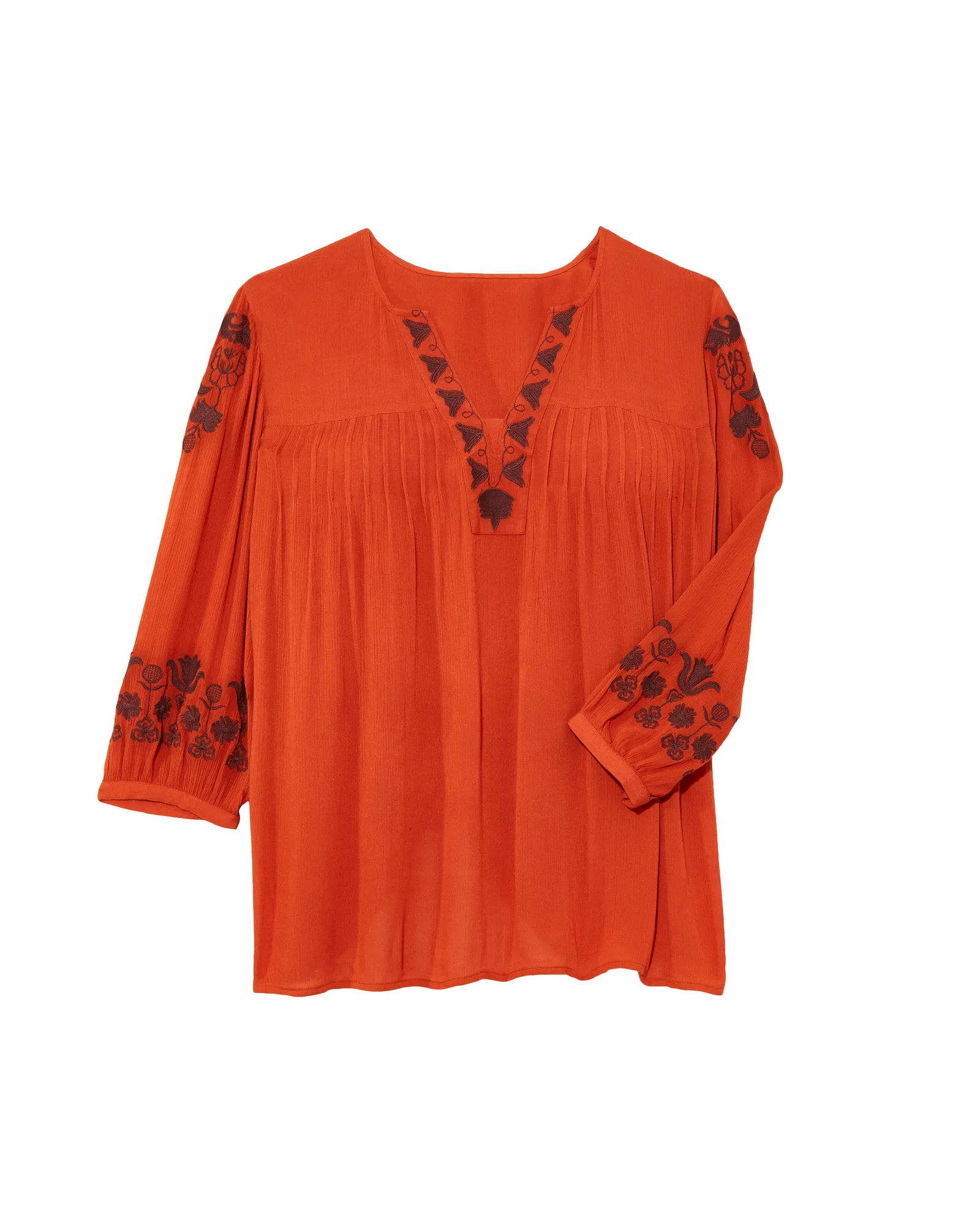 Tisha 3/4 Sleeve Embroidered Blouse with Pleating Detail | Orange