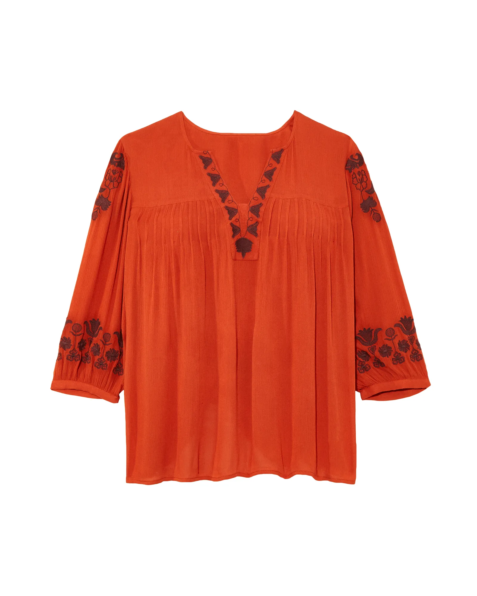 Tisha 3/4 Sleeve Embroidered Blouse with Pleating Detail | Orange