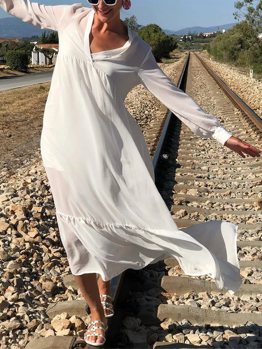V-Neck Solid Color Long Sleeve Dress